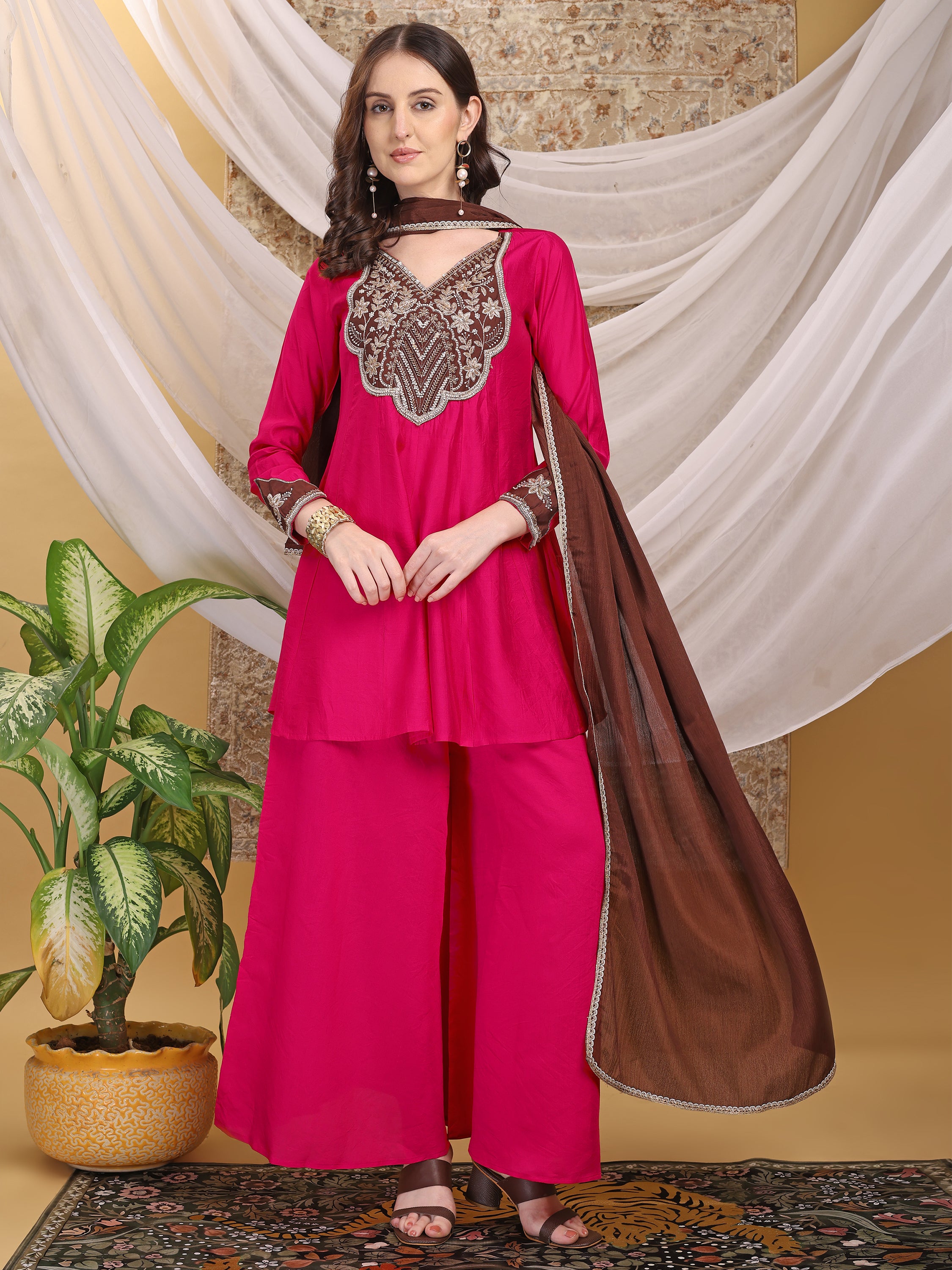 Women's Fuchsia Pink A-Line Top Palazzo with Contrasting Brown Dupatta Set For Festive, Wedding & Party Wear