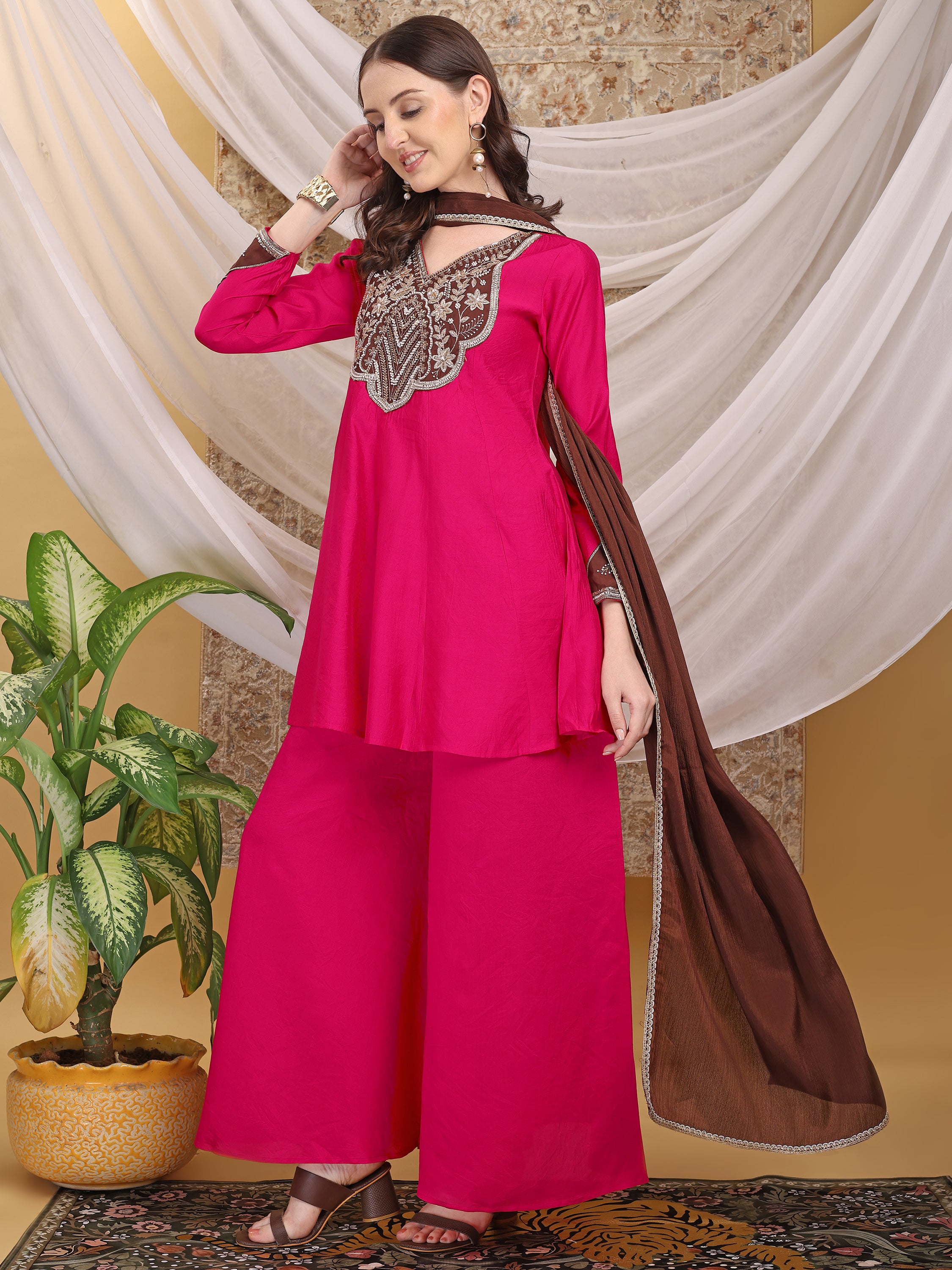 Women's Fuchsia Pink A-Line Top Palazzo with Contrasting Brown Dupatta Set For Festive, Wedding & Party Wear