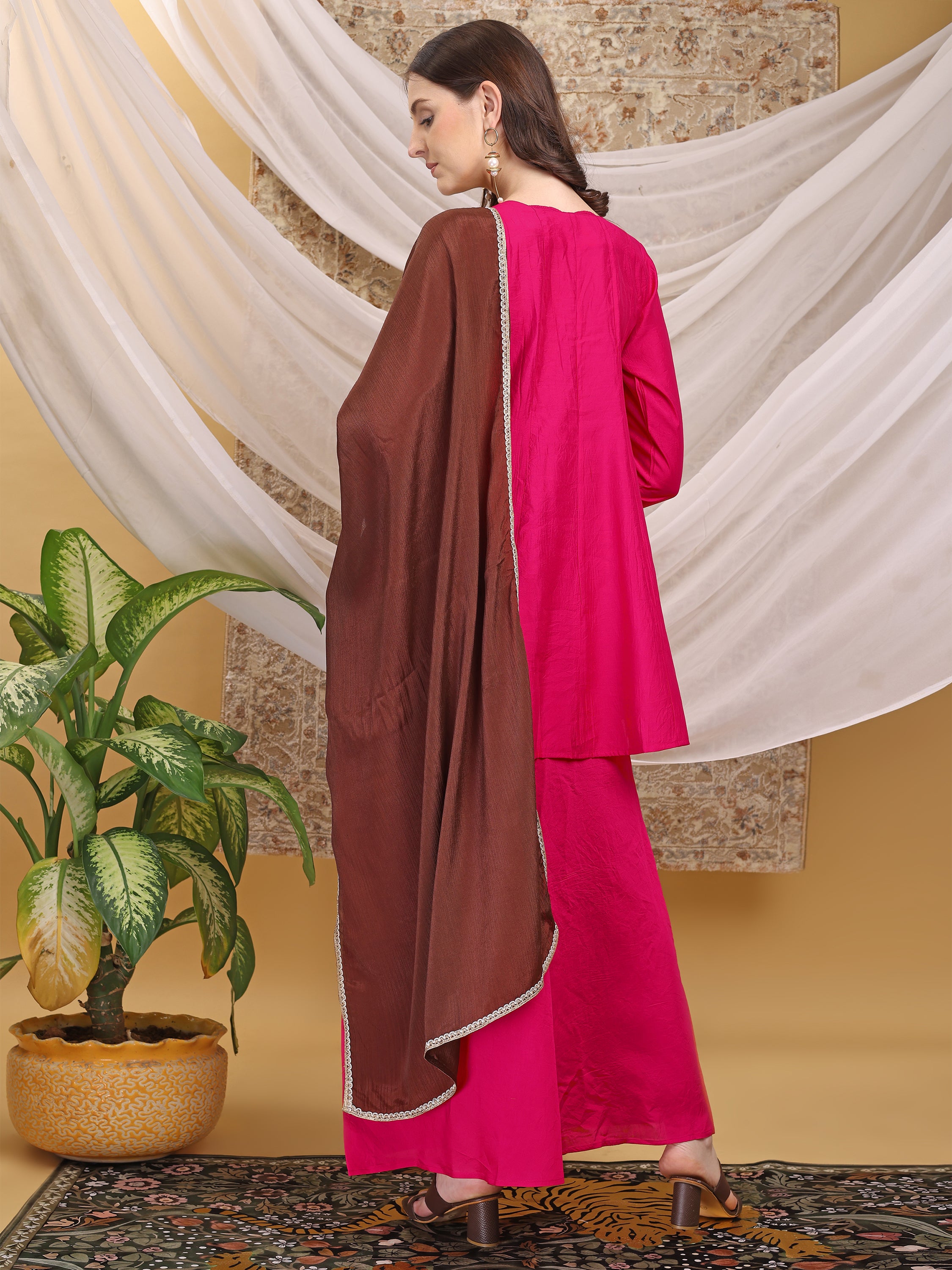 Women's Fuchsia Pink A-Line Top Palazzo with Contrasting Brown Dupatta Set Ethnic Suit Set for Festive, Wedding & Party Wear