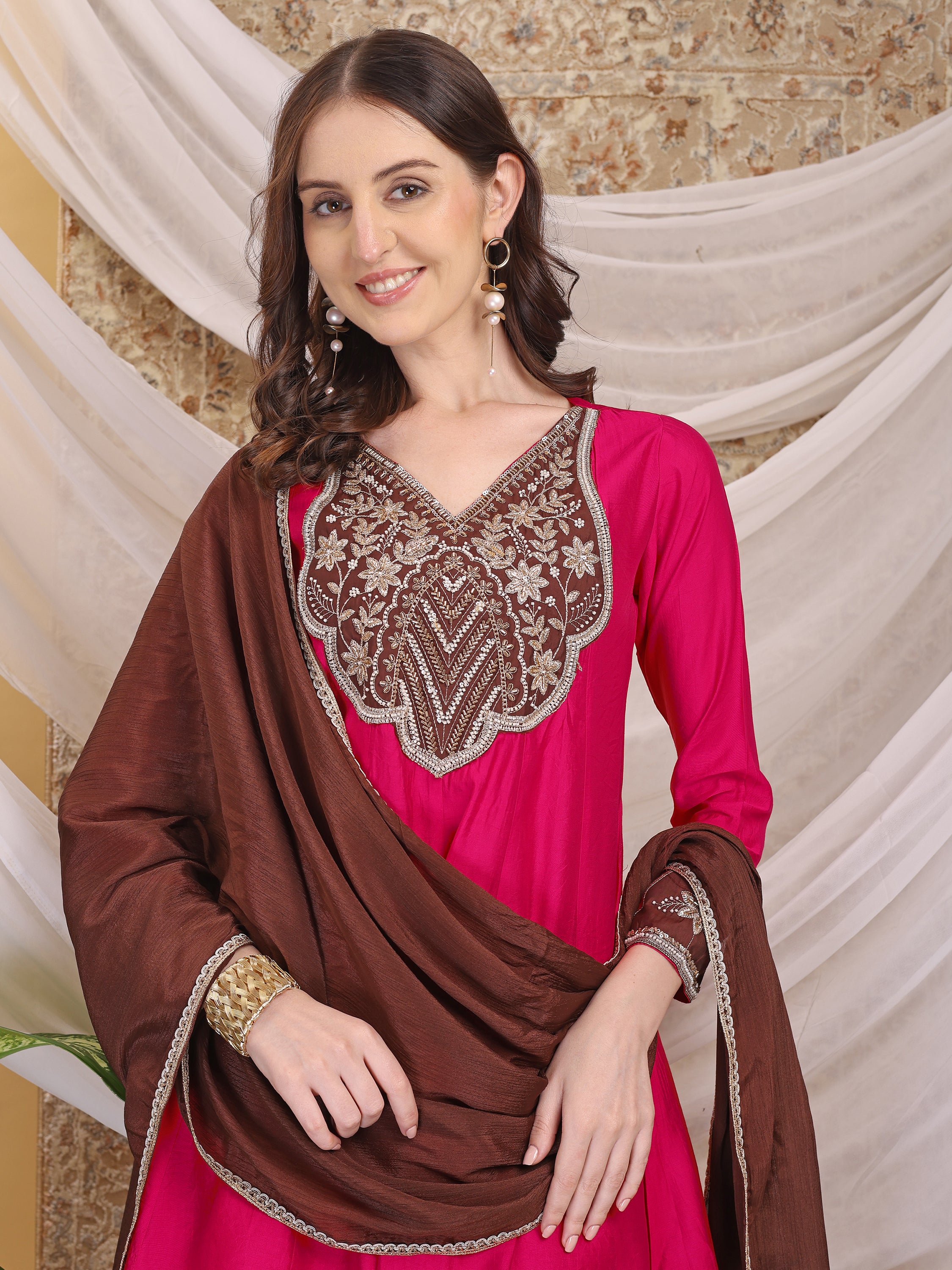 Women's Fuchsia Pink A-Line Top Palazzo with Contrasting Brown Dupatta Set For Festive, Wedding & Party Wear