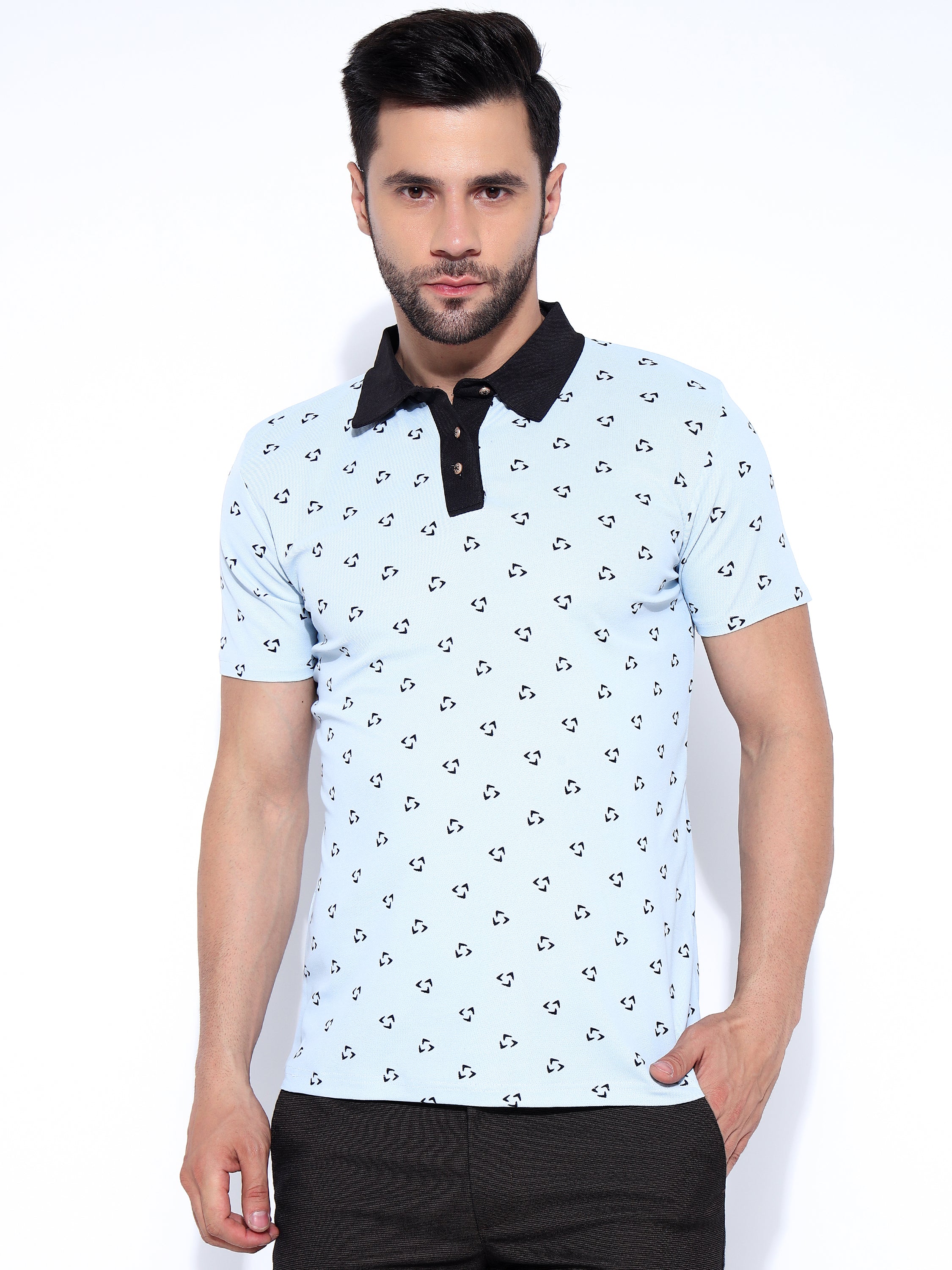 Men Black Polo Neck Ragular Fit Printed T-Shirt