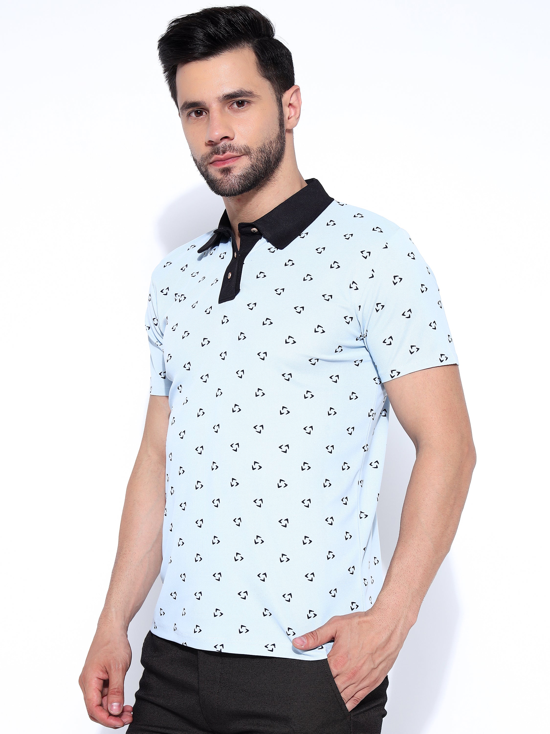 Men Black Polo Neck Ragular Fit Printed T-Shirt