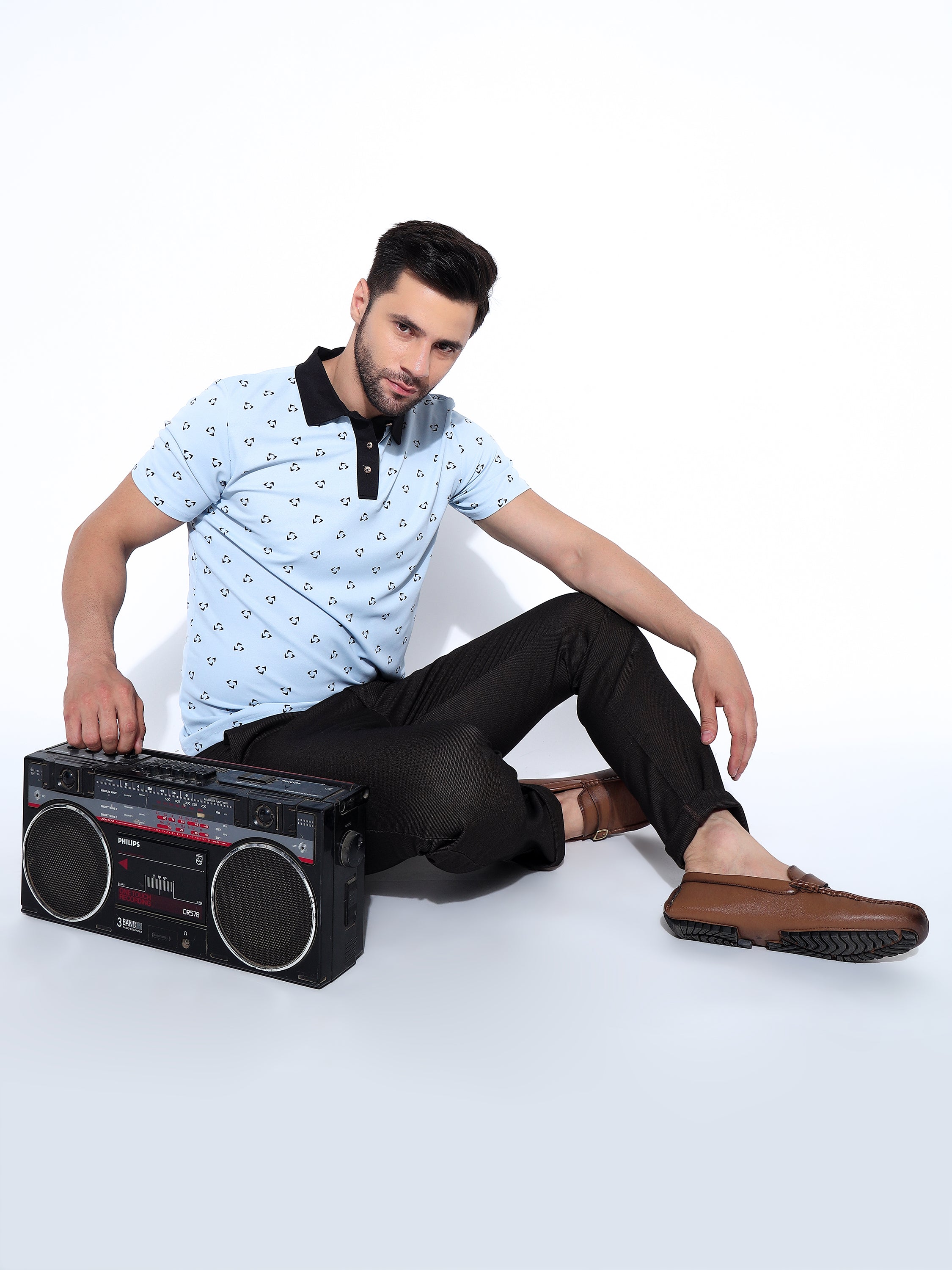 Men Black Polo Neck Ragular Fit Printed T-Shirt