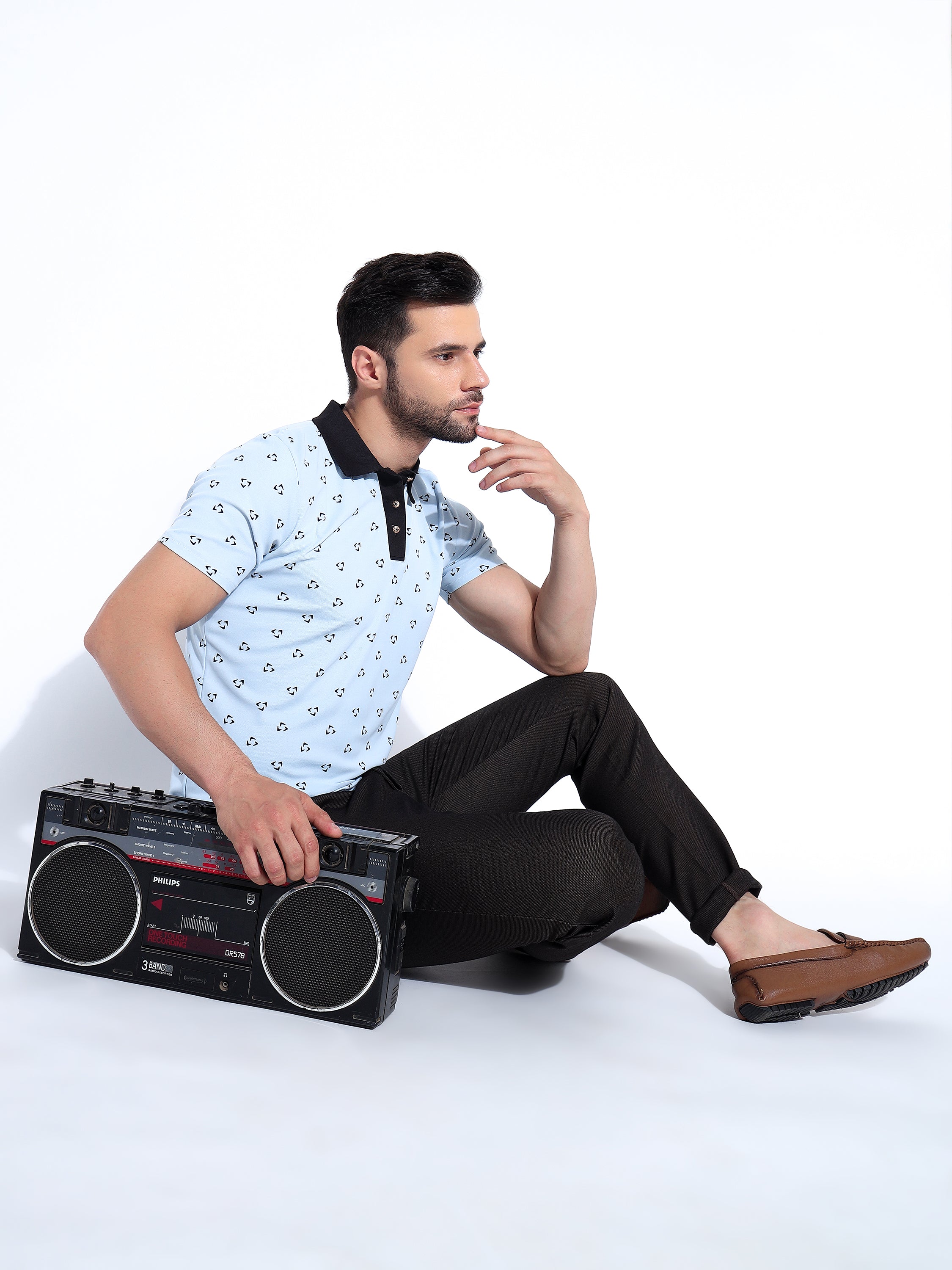 Men Black Polo Neck Ragular Fit Printed T-Shirt