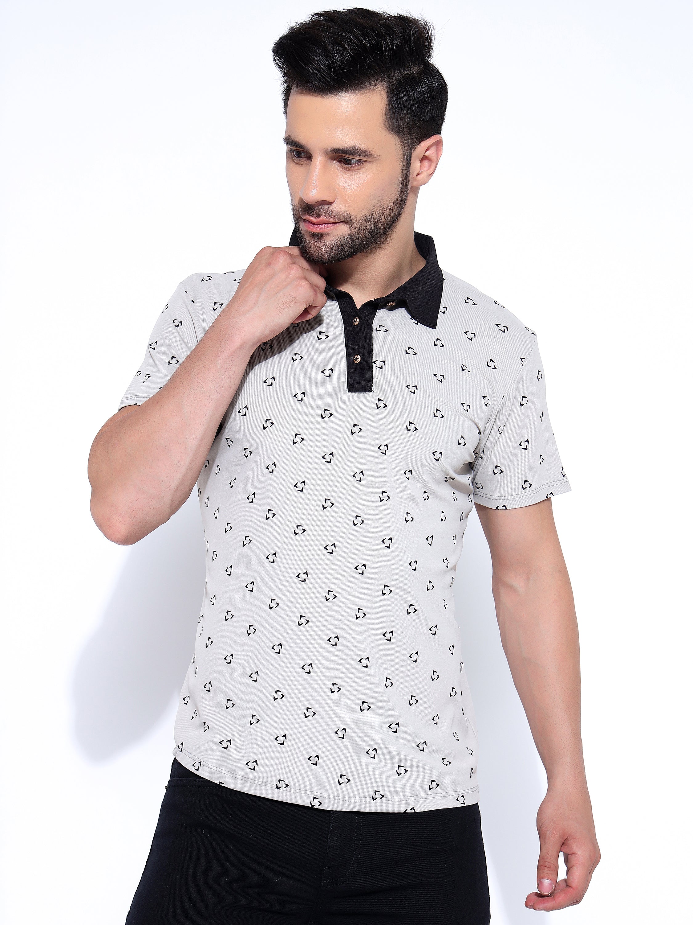 Men Black Polo Neck Ragular Fit Printed T-Shirt