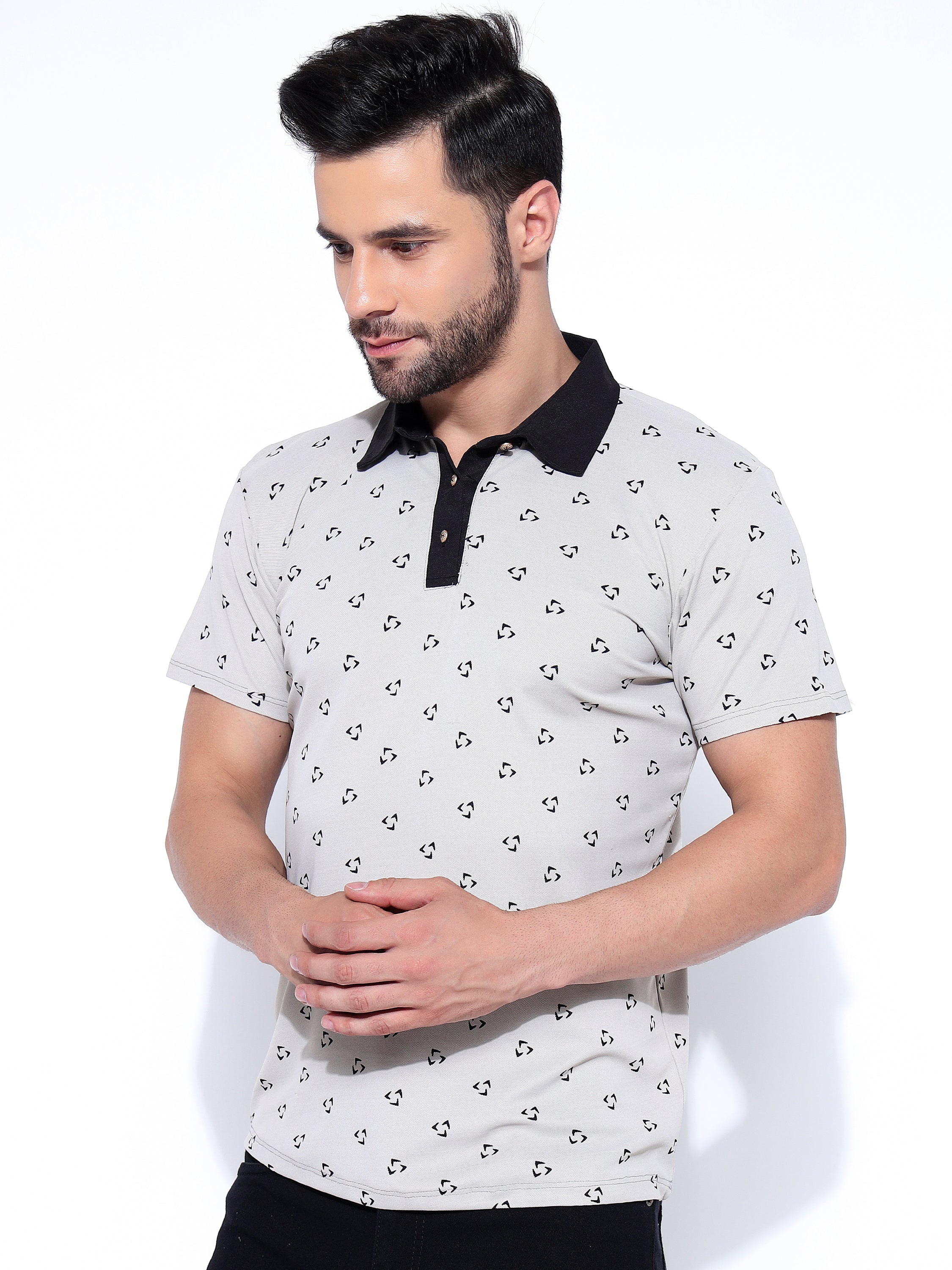 Men Black Polo Neck Ragular Fit Printed T-Shirt