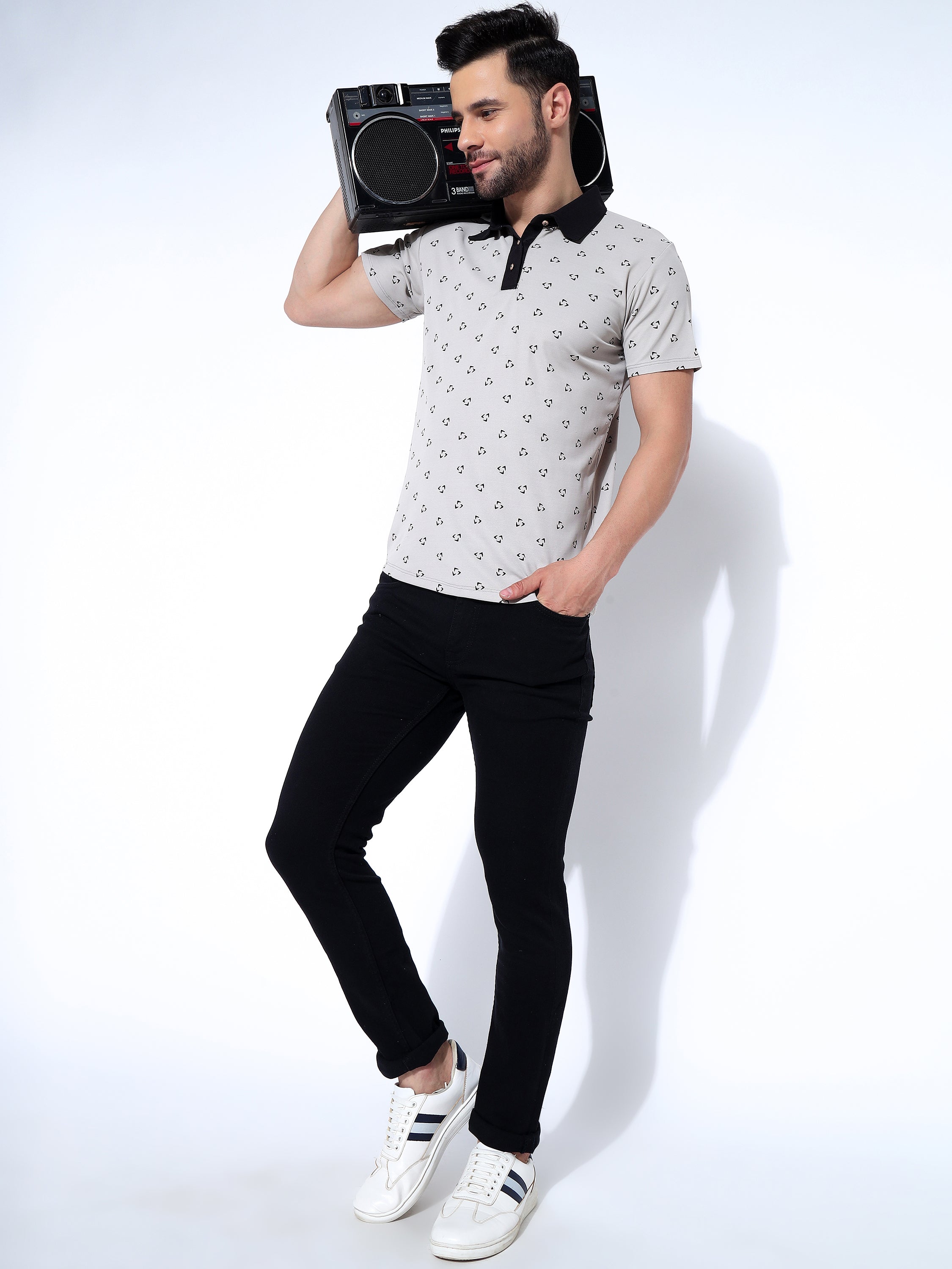 Men Black Polo Neck Ragular Fit Printed T-Shirt