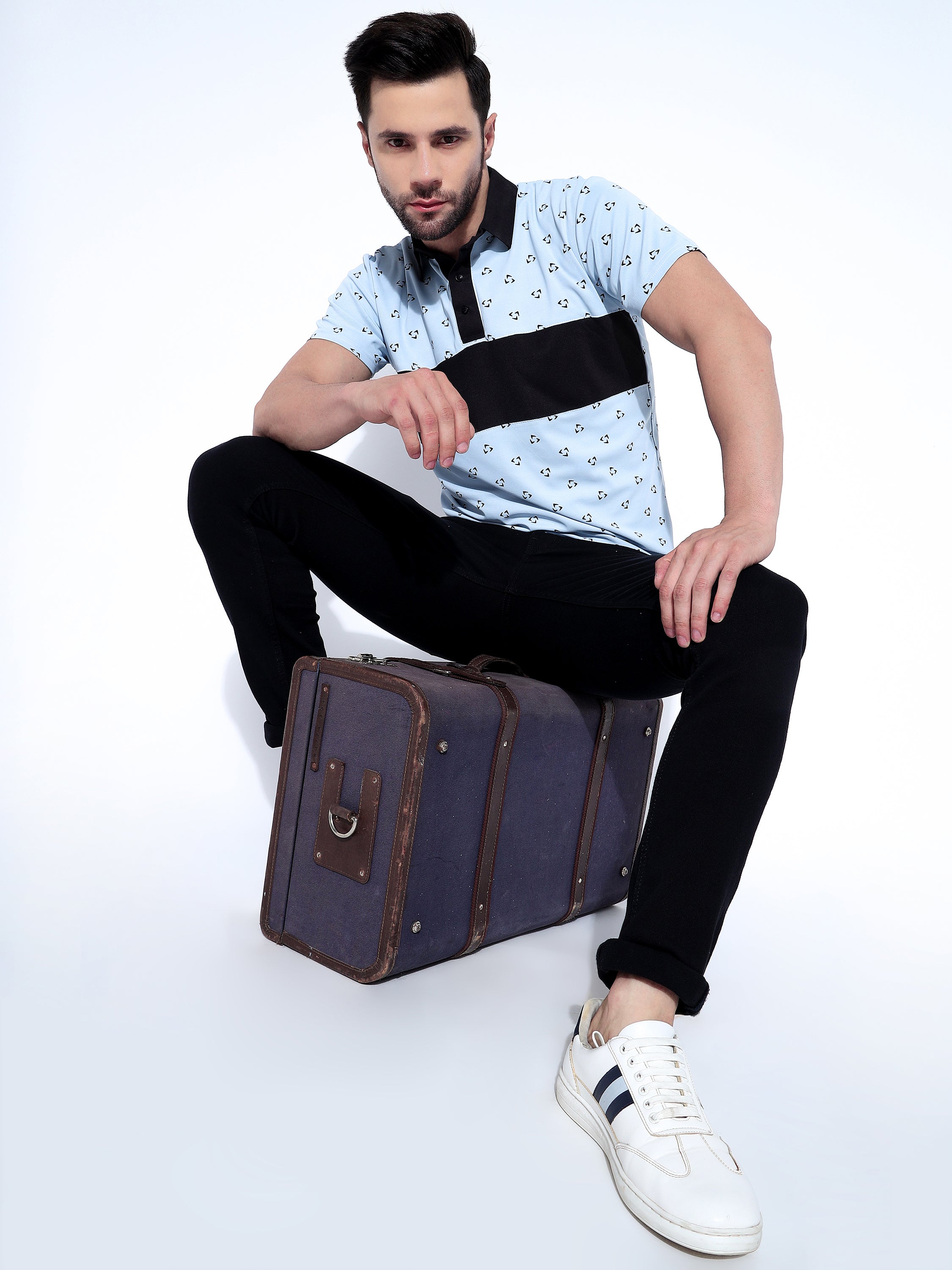 Men Black Polo Neck Regular Fit Colorblock T-Shirt