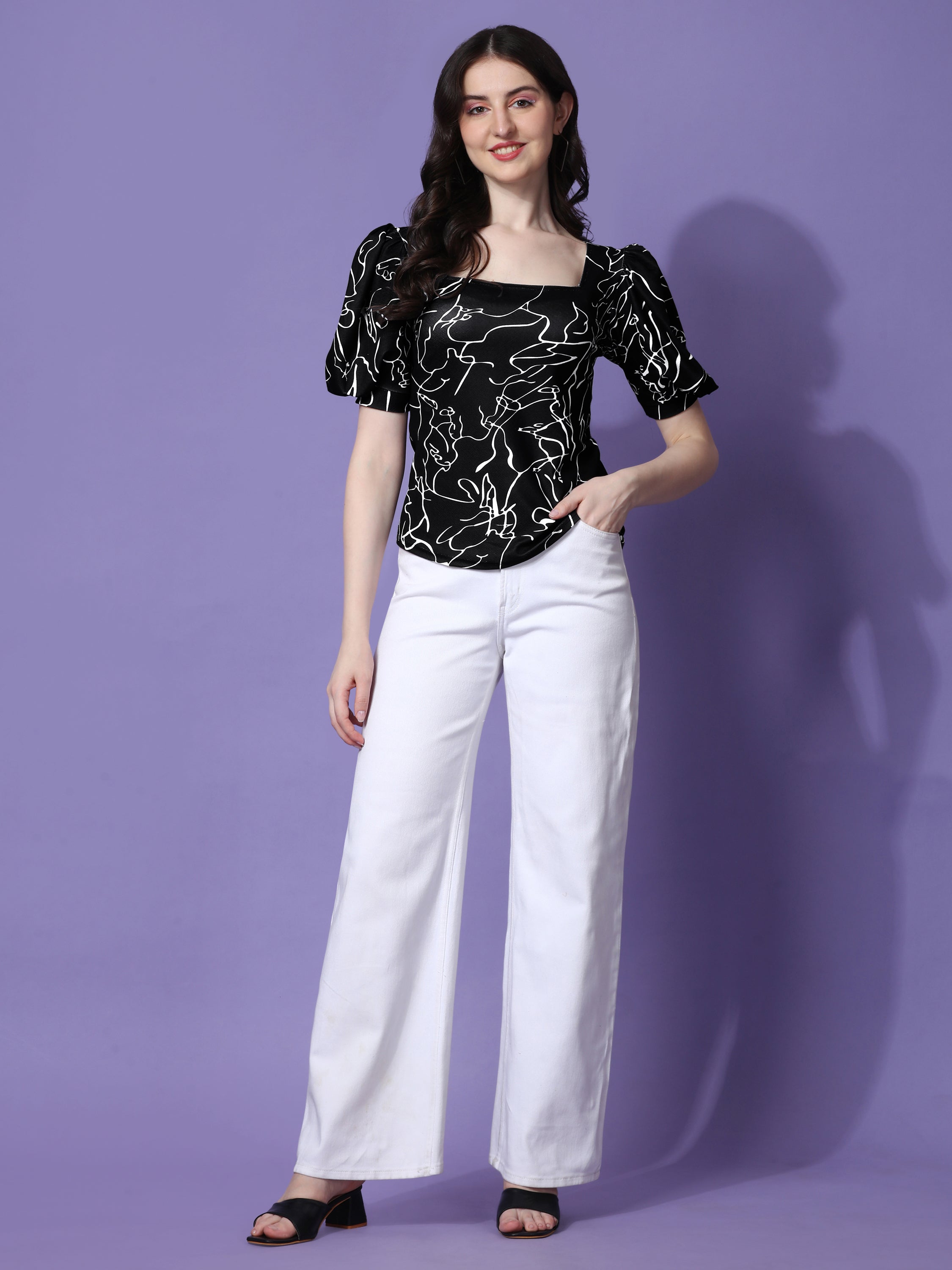 Classy Geometric Print Polyester Squre Neck Top