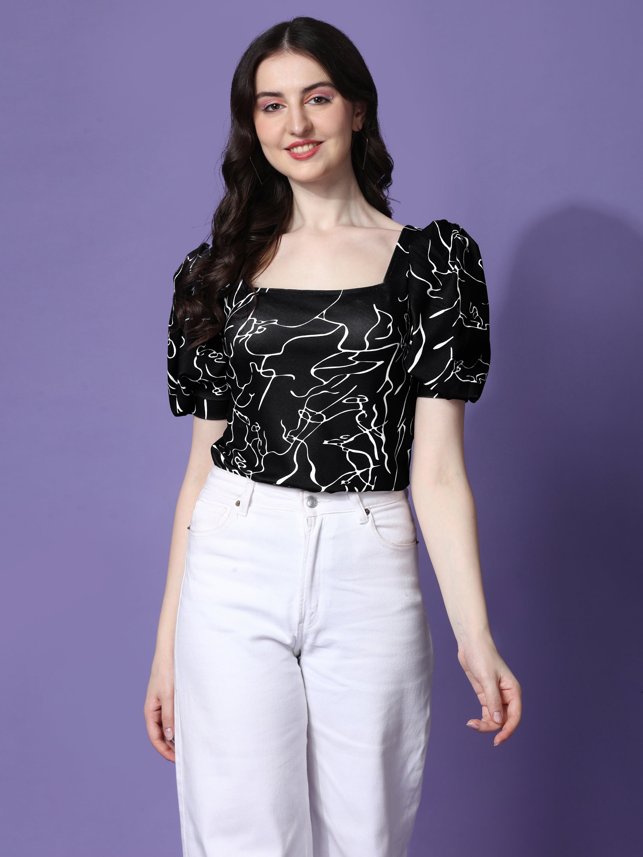 Classy Geometric Print Polyester Squre Neck Top
