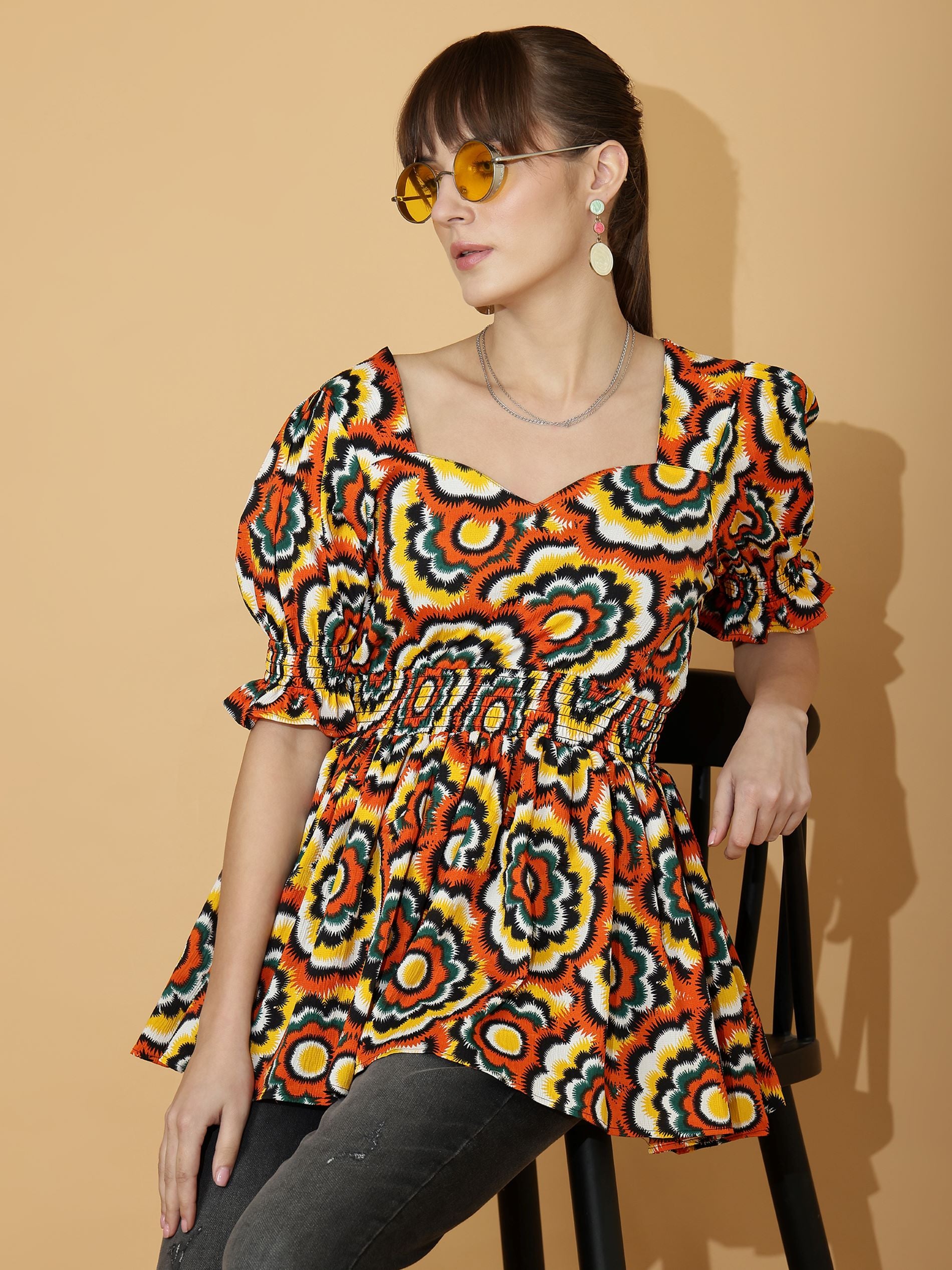 Sweetheart Neck Peplum Top with Puff Sleeves & Smocked Waist