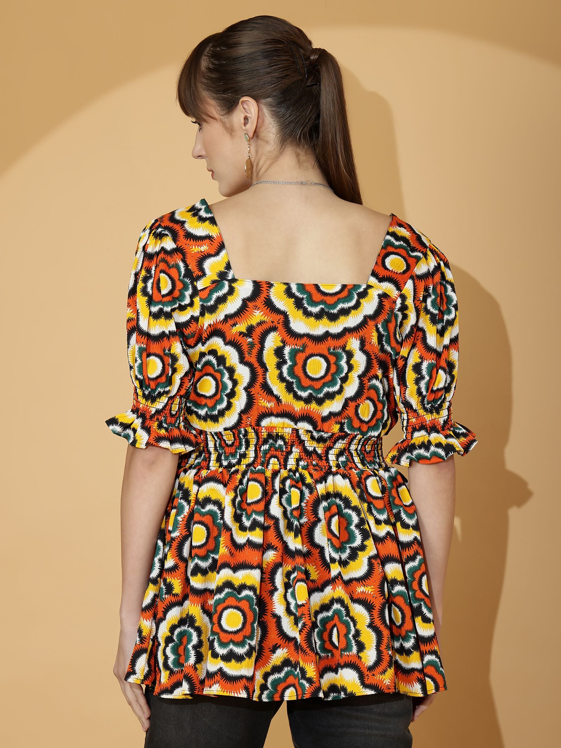 Sweetheart Neck Peplum Top with Puff Sleeves & Smocked Waist