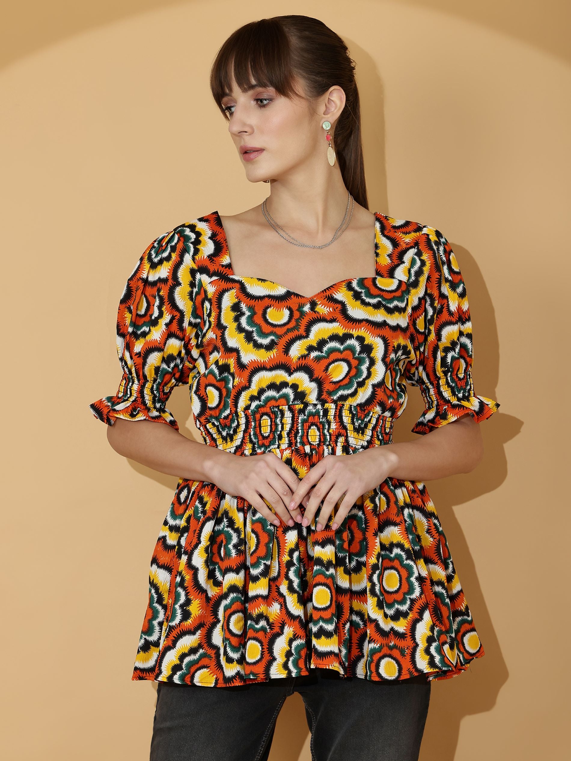 Sweetheart Neck Peplum Top with Puff Sleeves & Smocked Waist