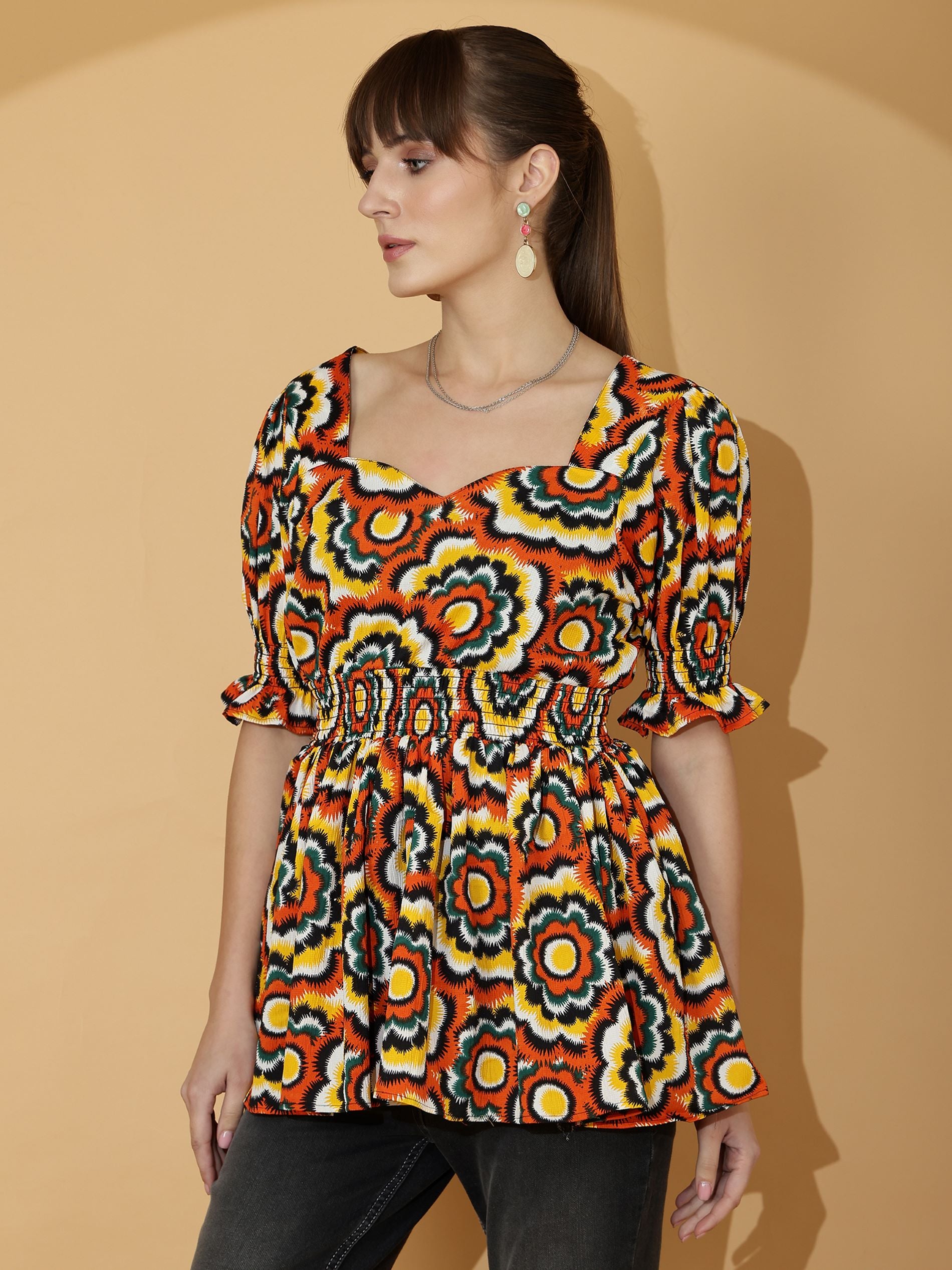 Sweetheart Neck Peplum Top with Puff Sleeves & Smocked Waist