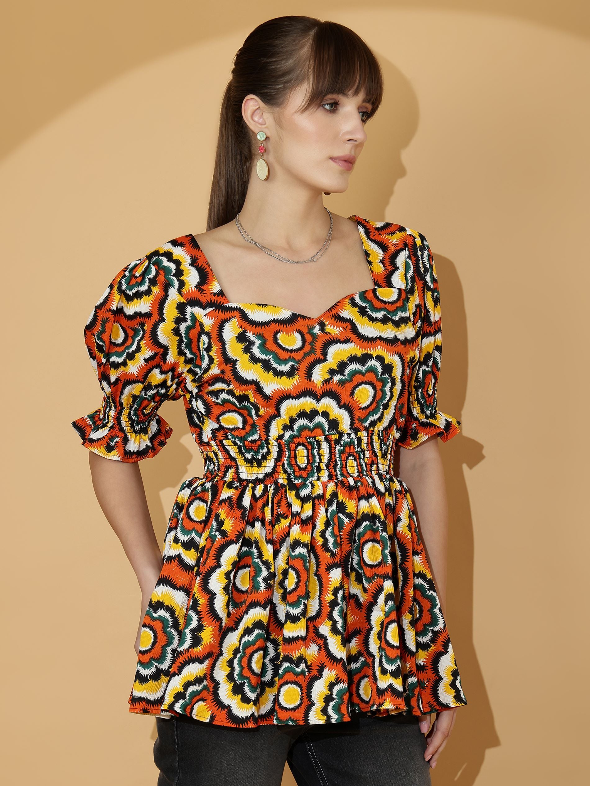 Sweetheart Neck Peplum Top with Puff Sleeves & Smocked Waist