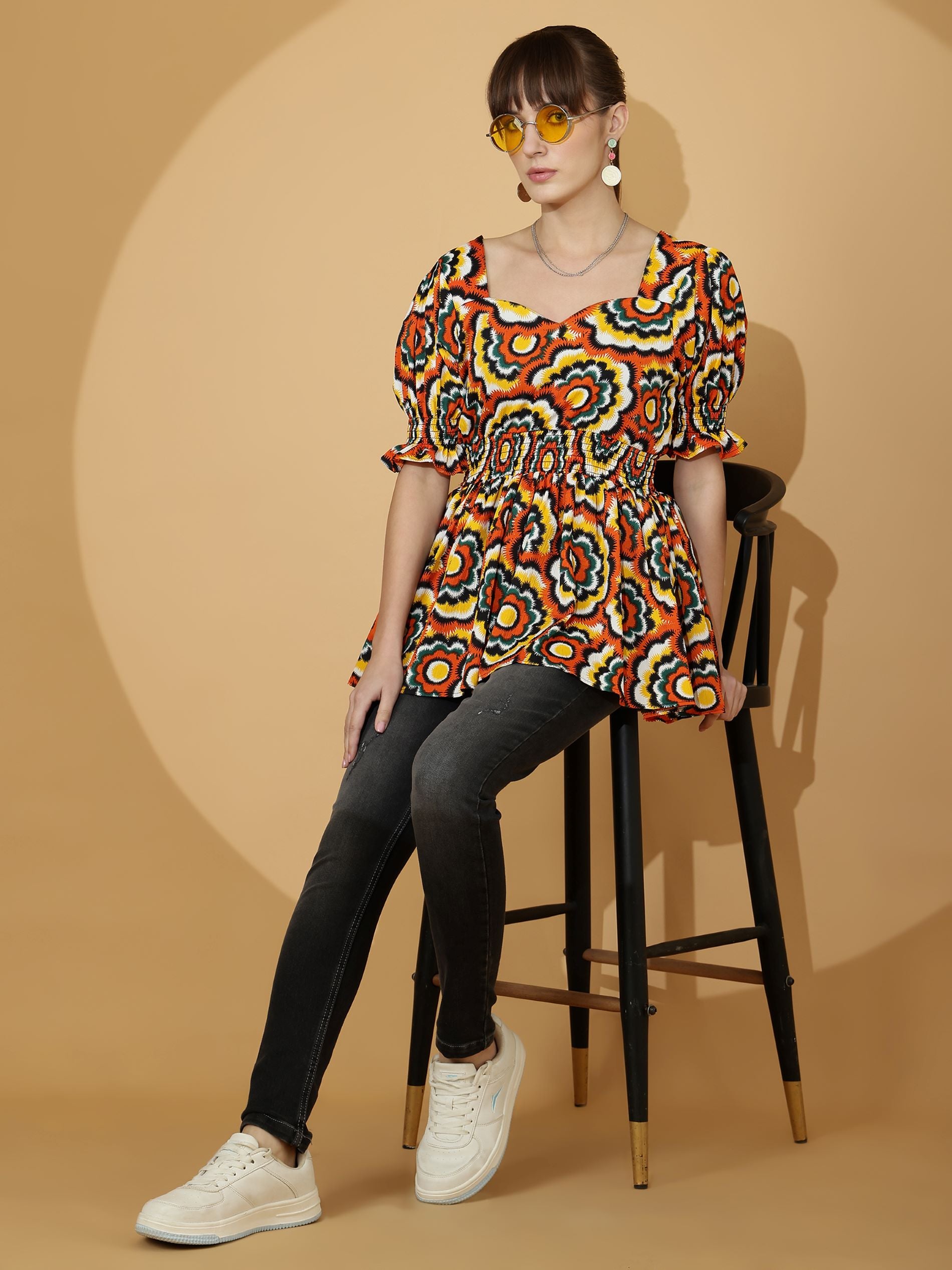 Sweetheart Neck Peplum Top with Puff Sleeves & Smocked Waist
