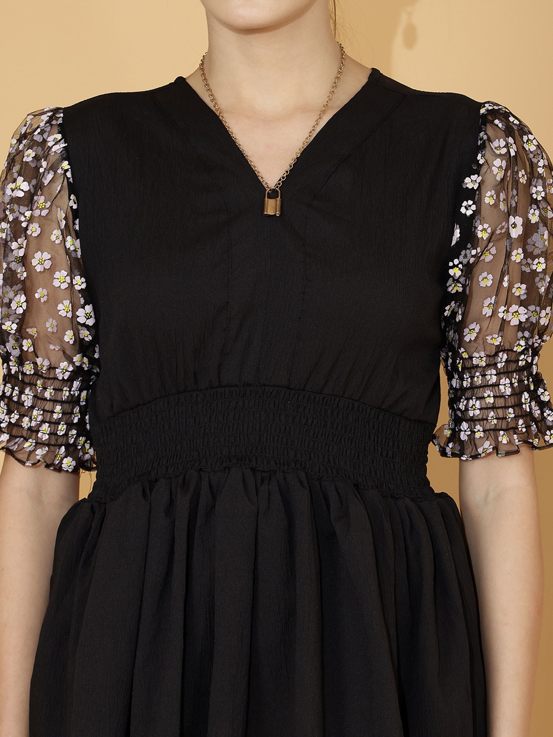 V-Neck Peplum Top with Sheer Embroidered Puff Sleeves