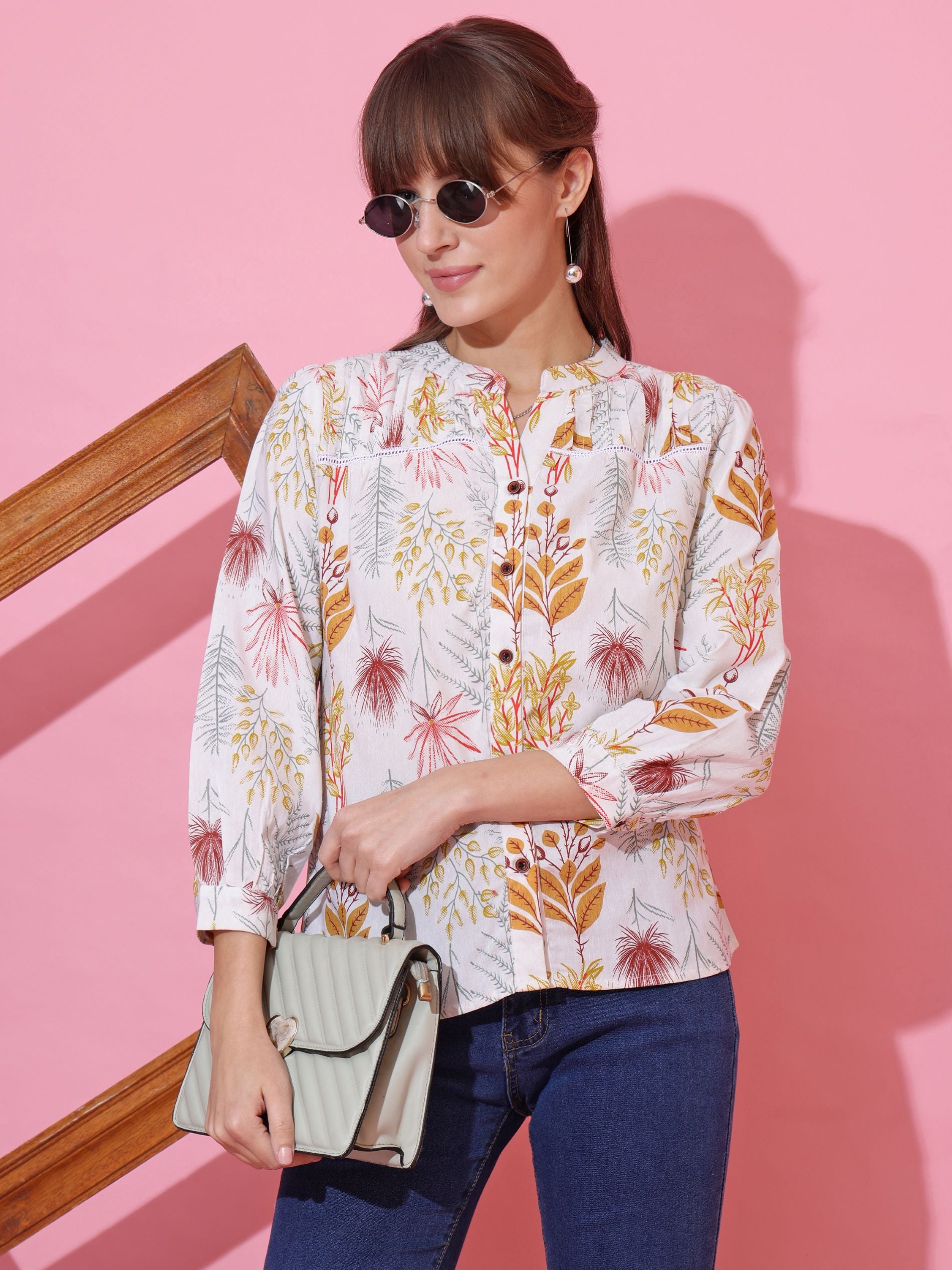 Women White Cotton Floral Printed Casual Top