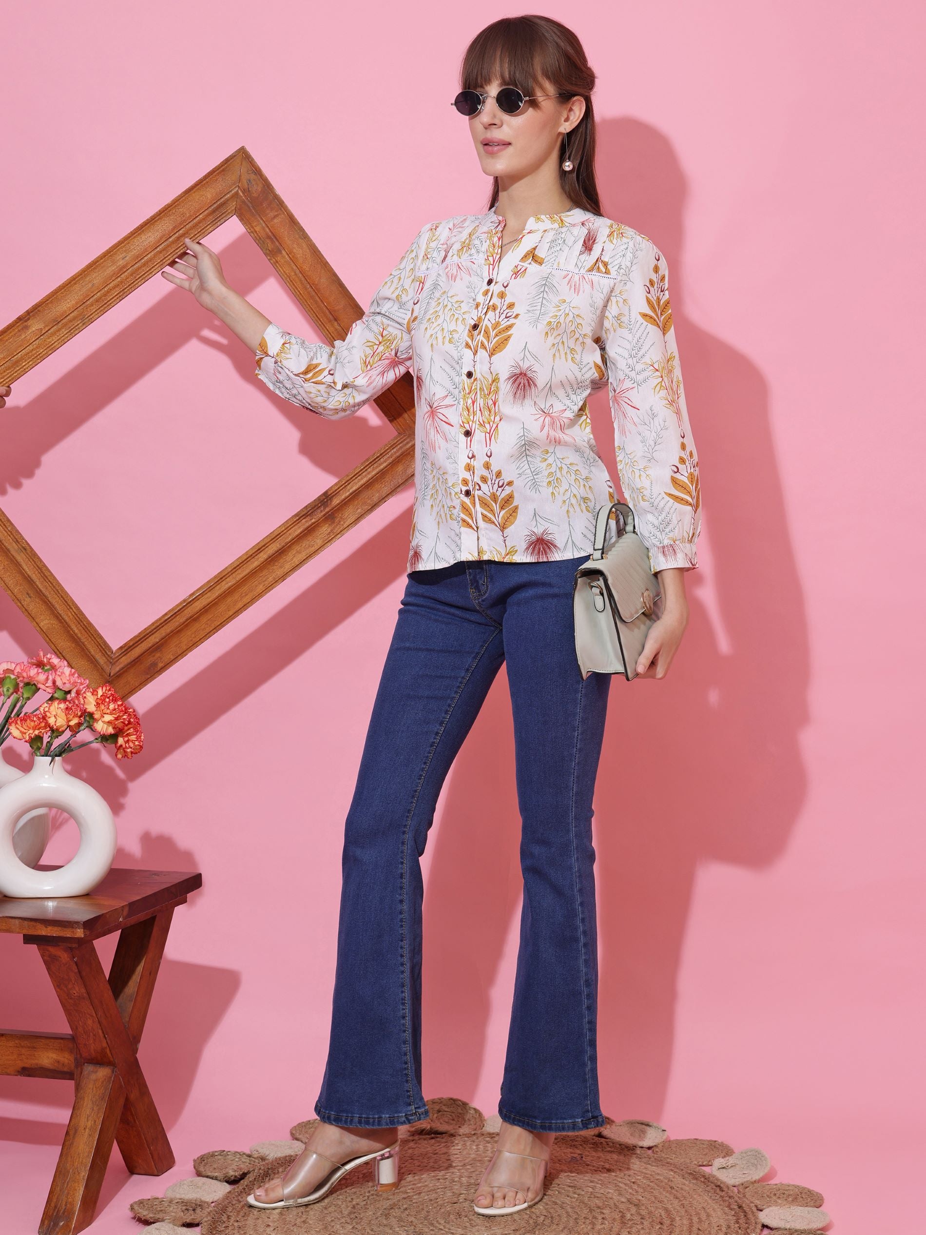 Women White Cotton Floral Printed Casual Top