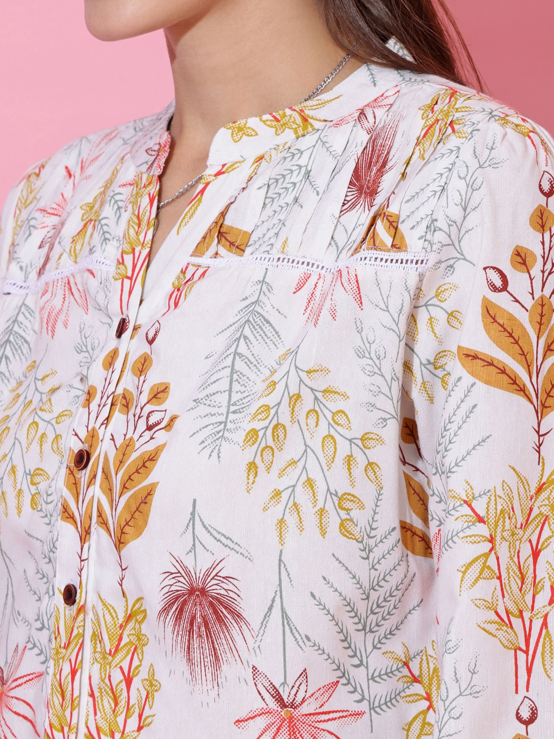 Women White Cotton Floral Printed Casual Top
