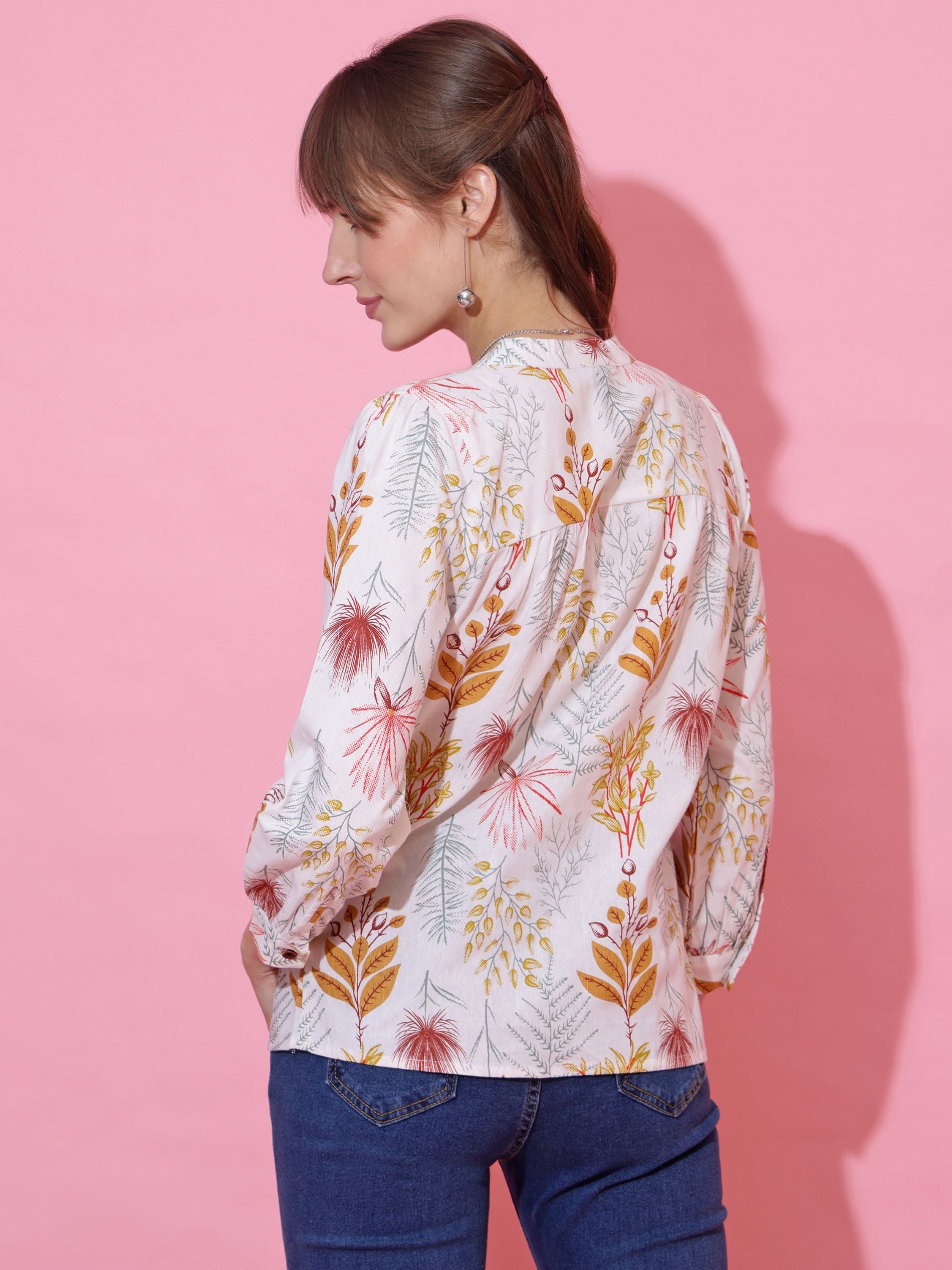 Women White Cotton Floral Printed Casual Top