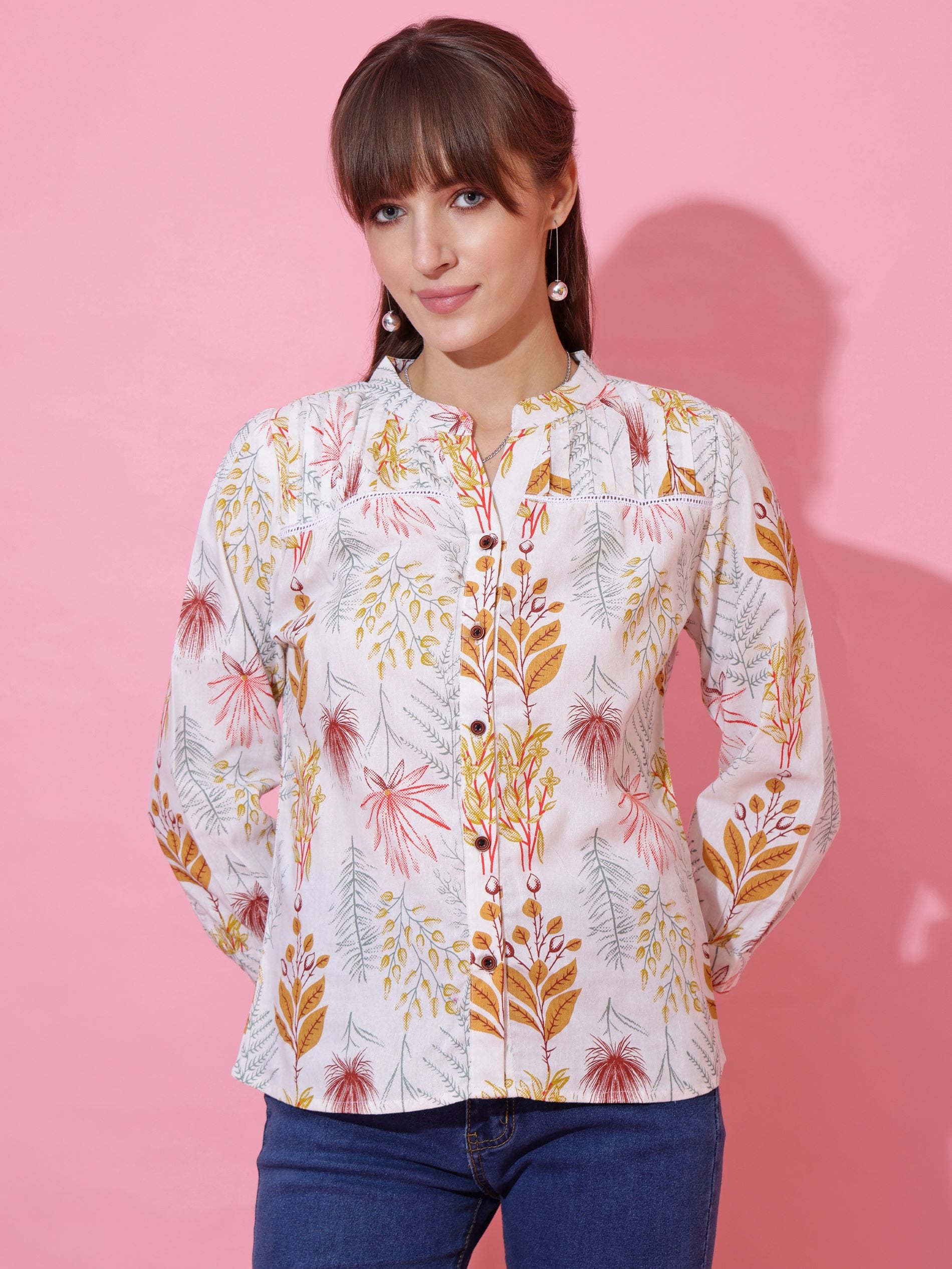 Women White Cotton Floral Printed Casual Top