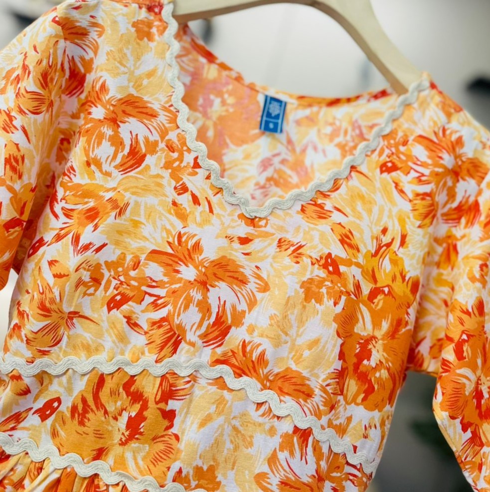 Women’s Orange & Yellow Floral Printed V-Neck Peplum Top with Short Sleeves