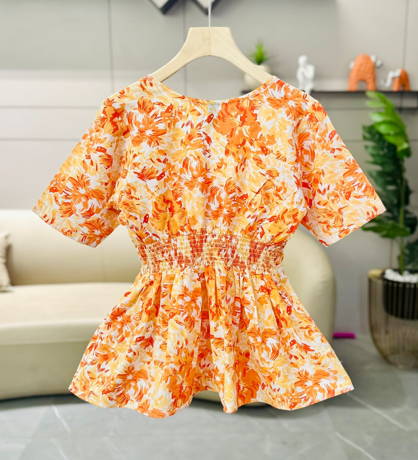 Women’s Orange & Yellow Floral Printed V-Neck Peplum Top with Short Sleeves