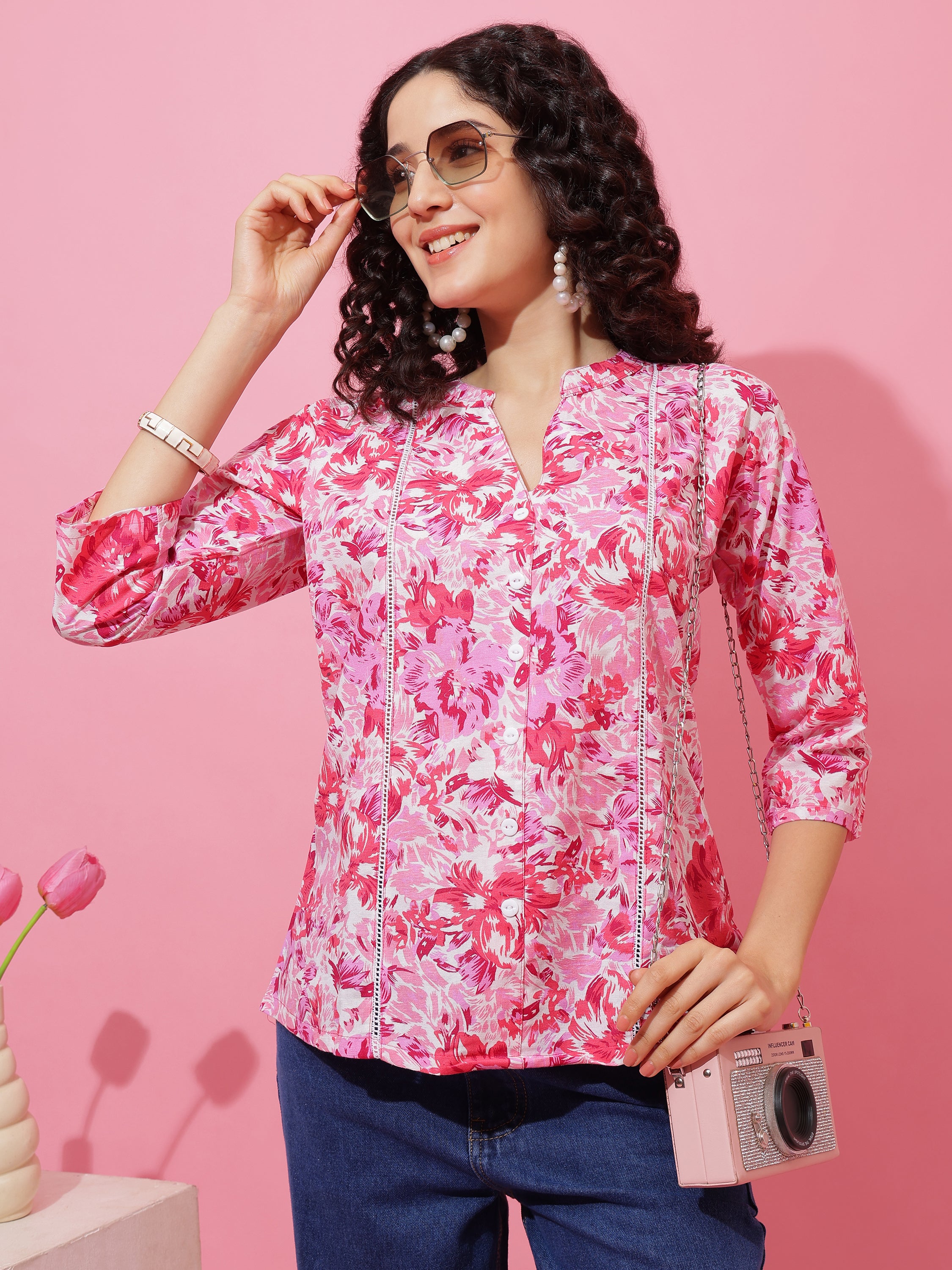 Soft Cotton Pink Floral Printed Top for Women