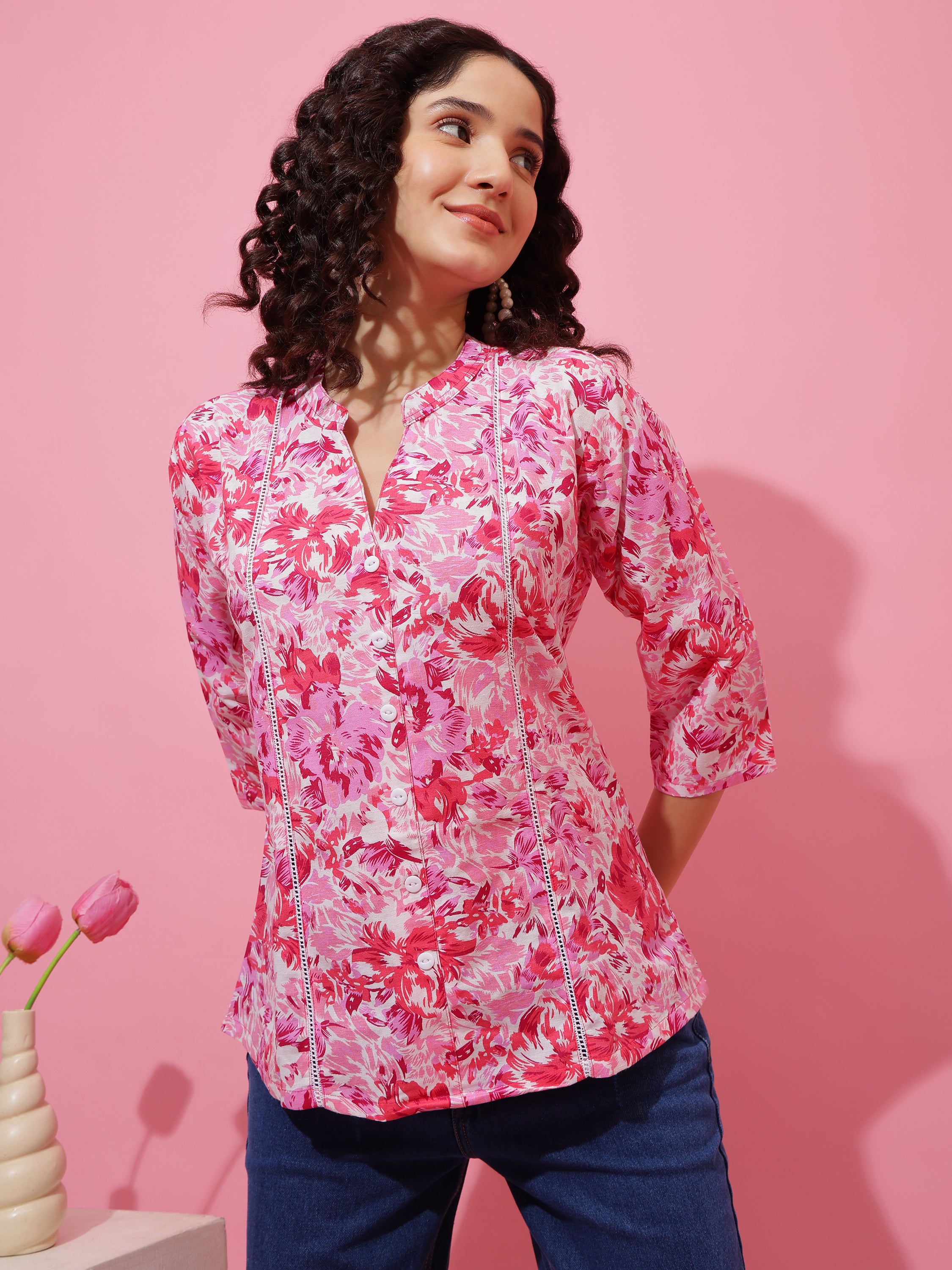 Soft Cotton Pink Floral Printed Top for Women