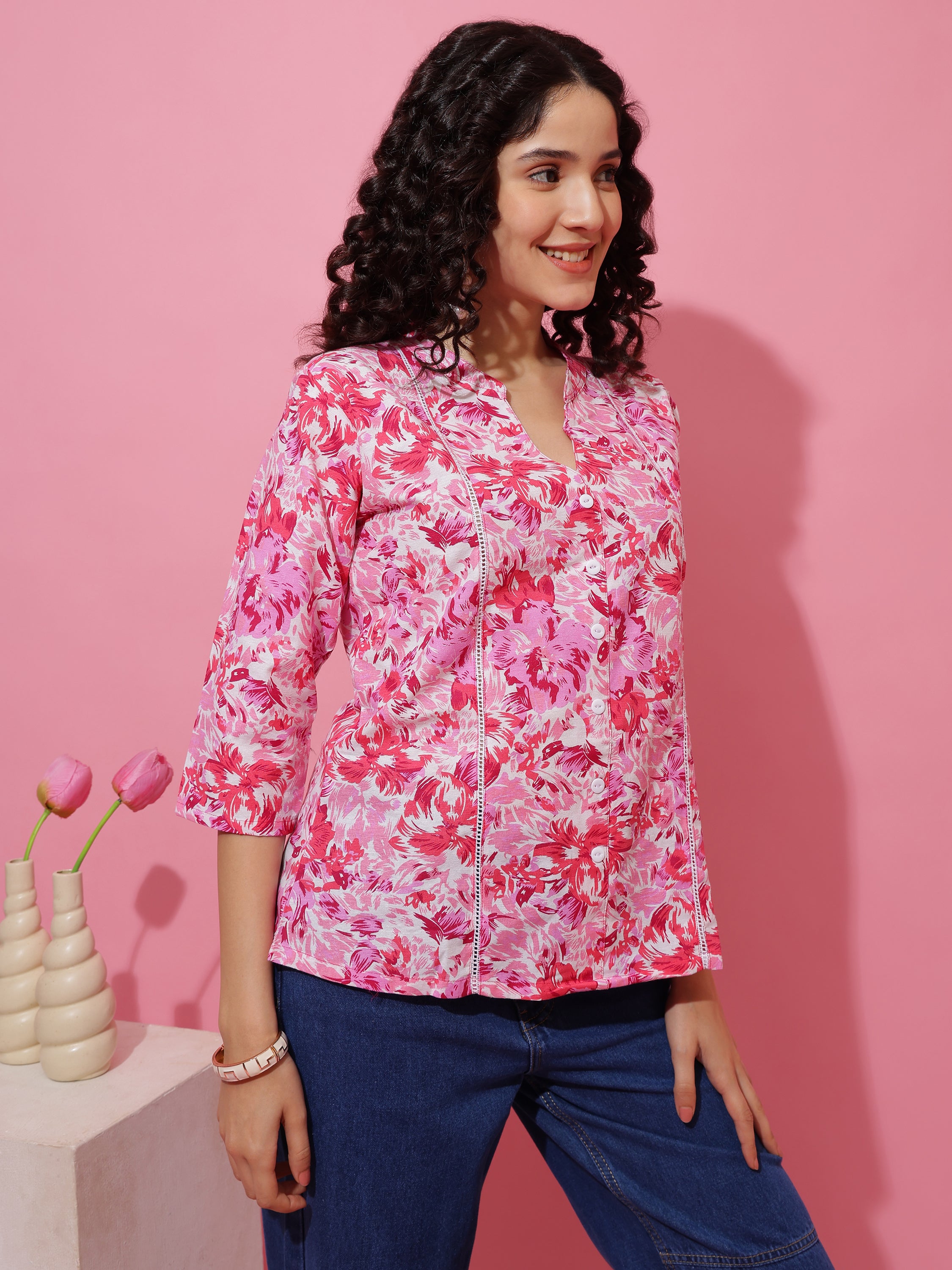 Soft Cotton Pink Floral Printed Top for Women