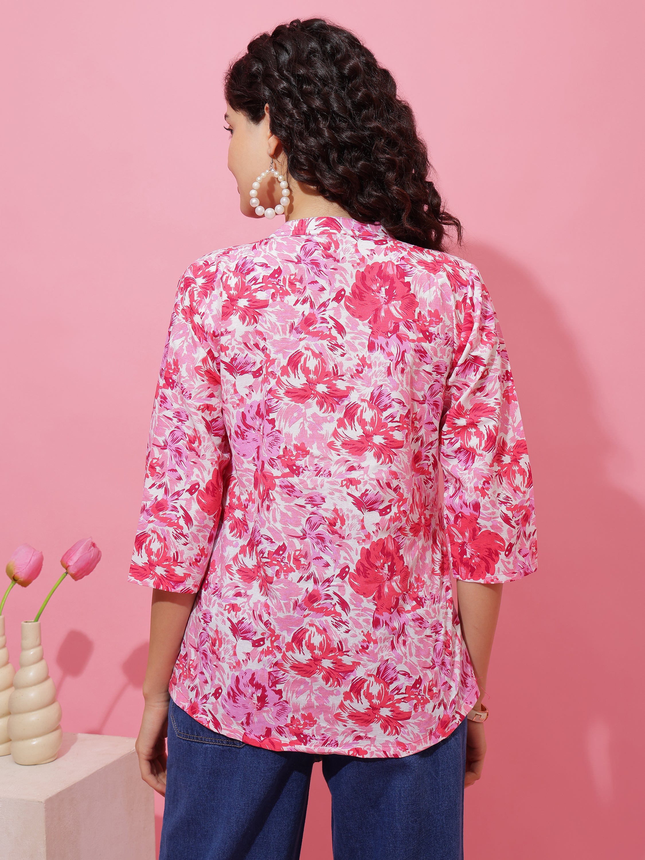 Soft Cotton Pink Floral Printed Top for Women