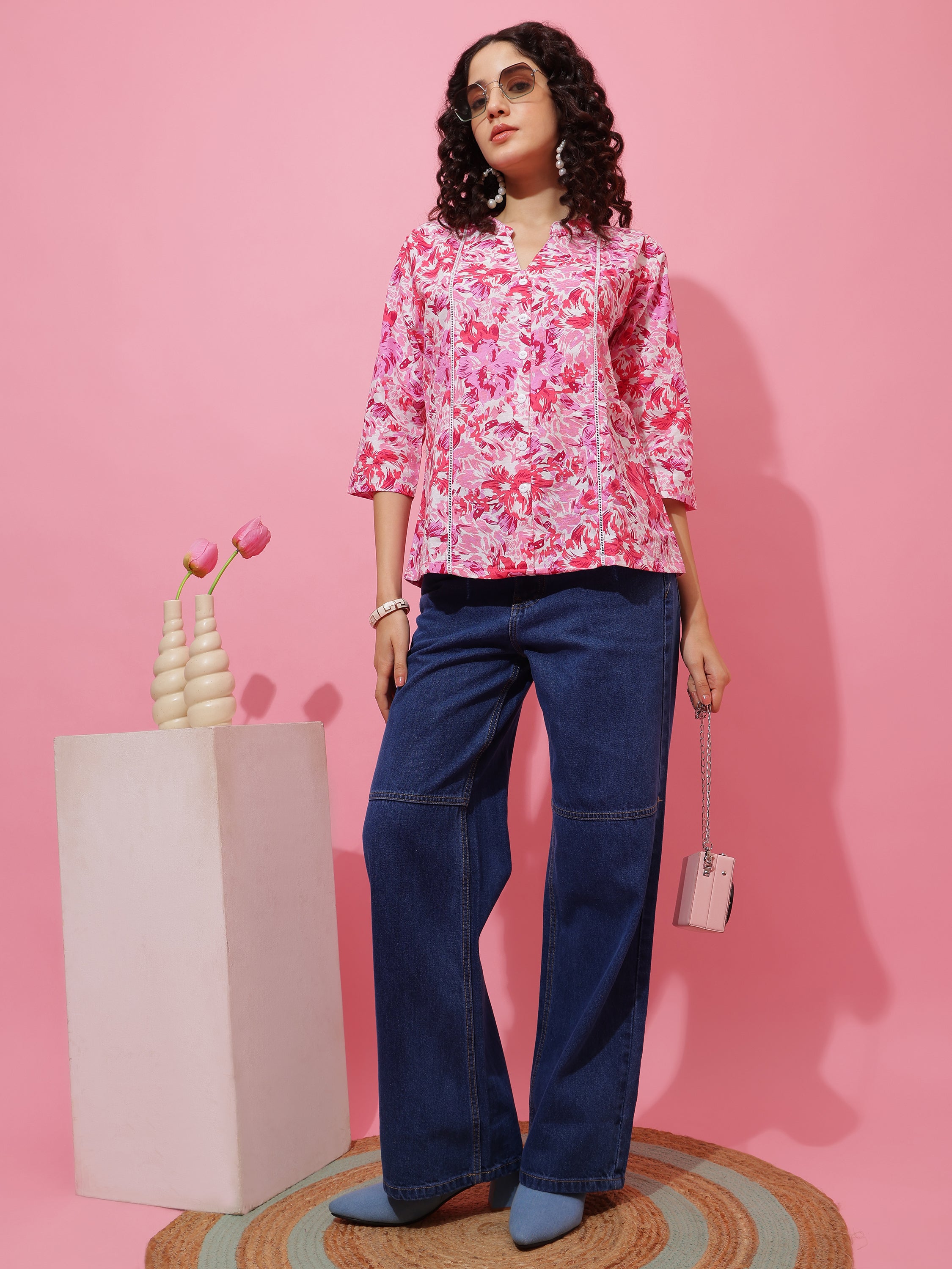 Soft Cotton Pink Floral Printed Top for Women