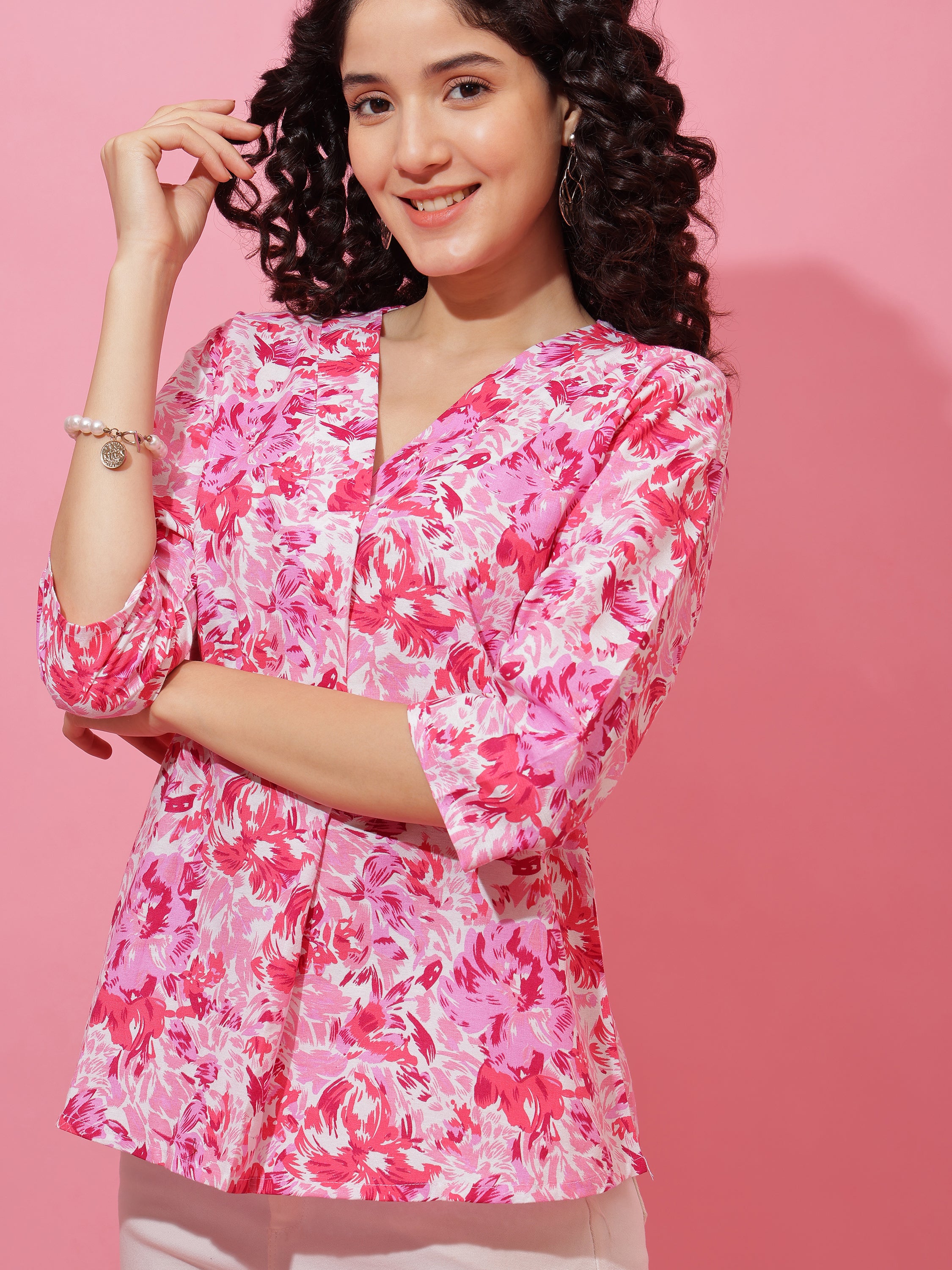 Elegant Pink Floral Printed Top for Women