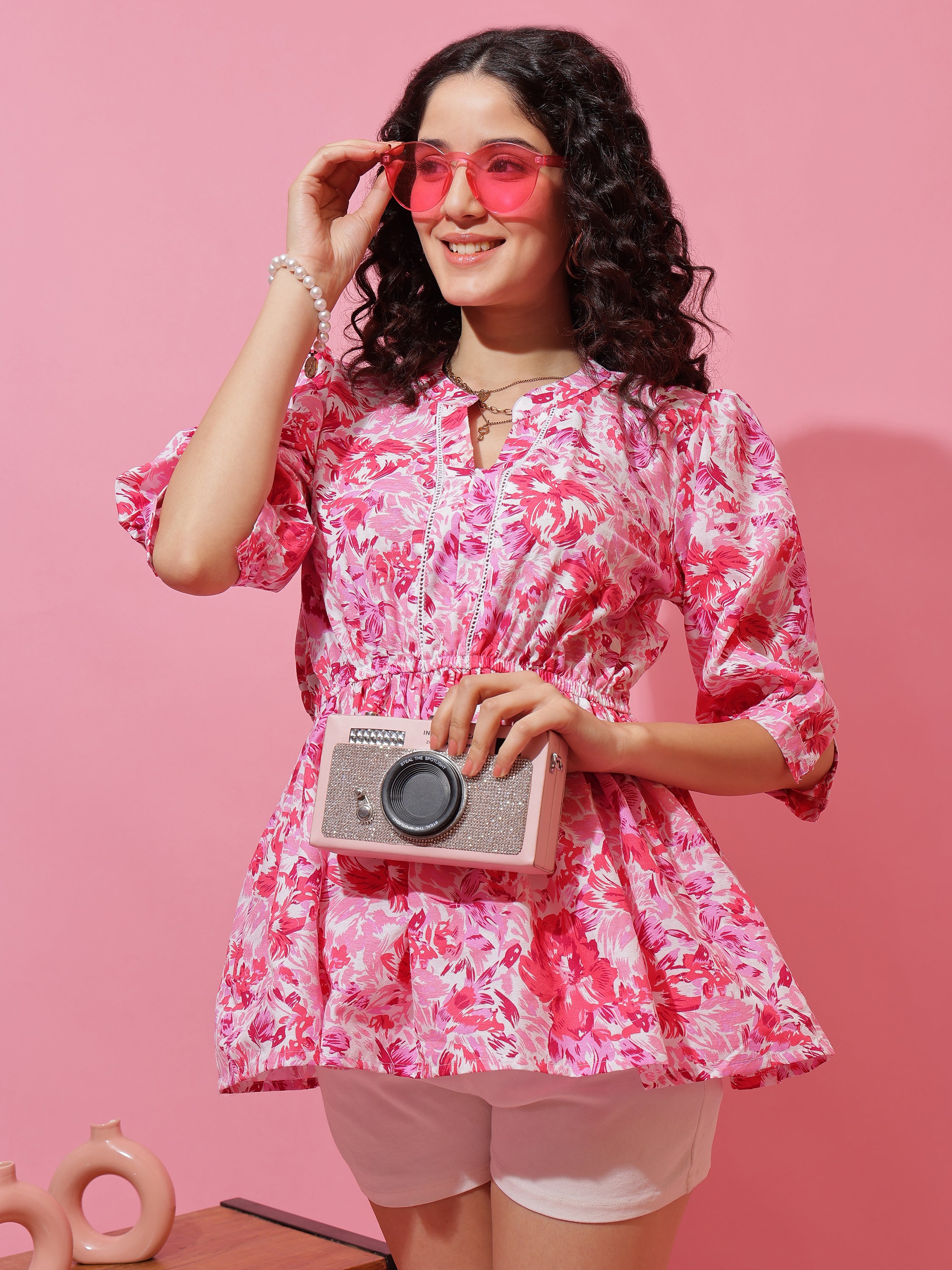 Pink Floral Printed Top with Regular Sleeves for Women