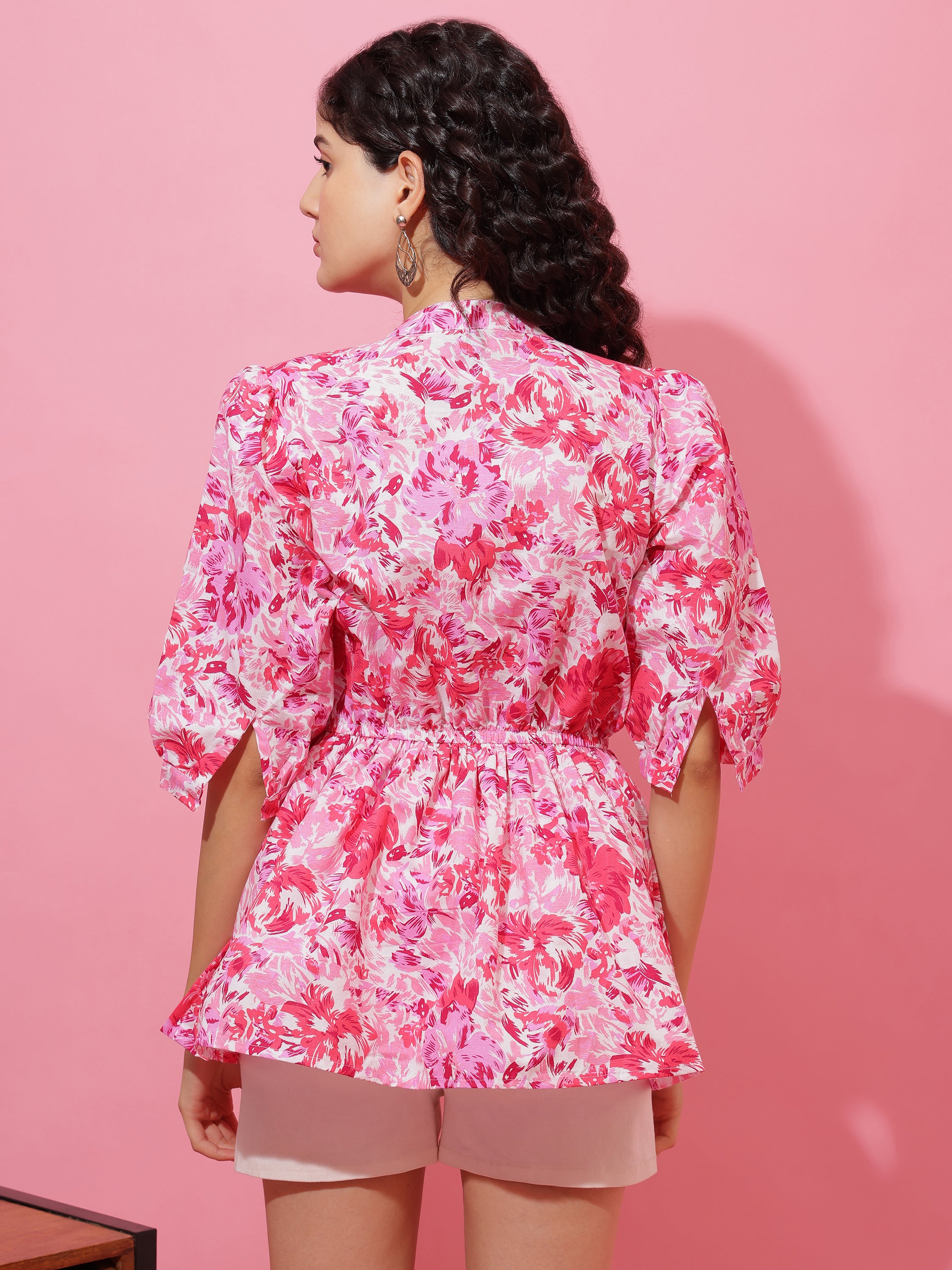 Pink Floral Printed Top with Regular Sleeves for Women