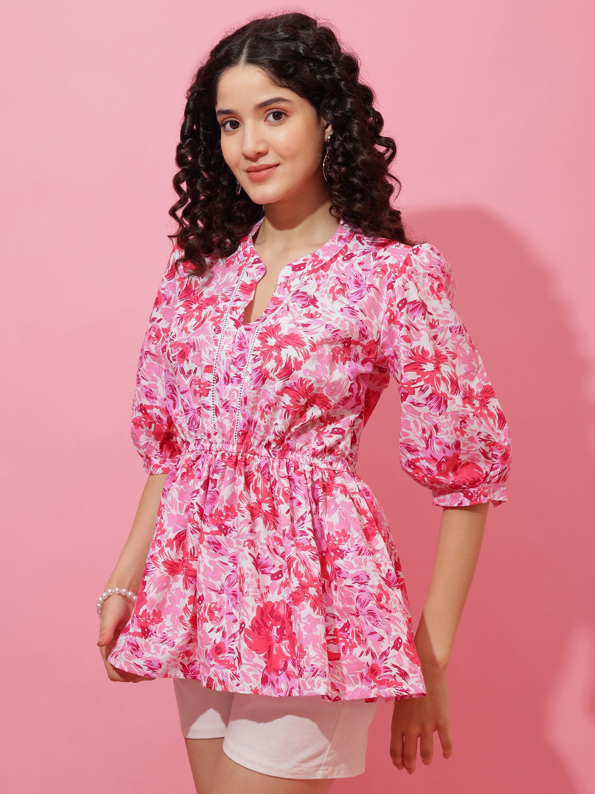 Pink Floral Printed Top with Regular Sleeves for Women