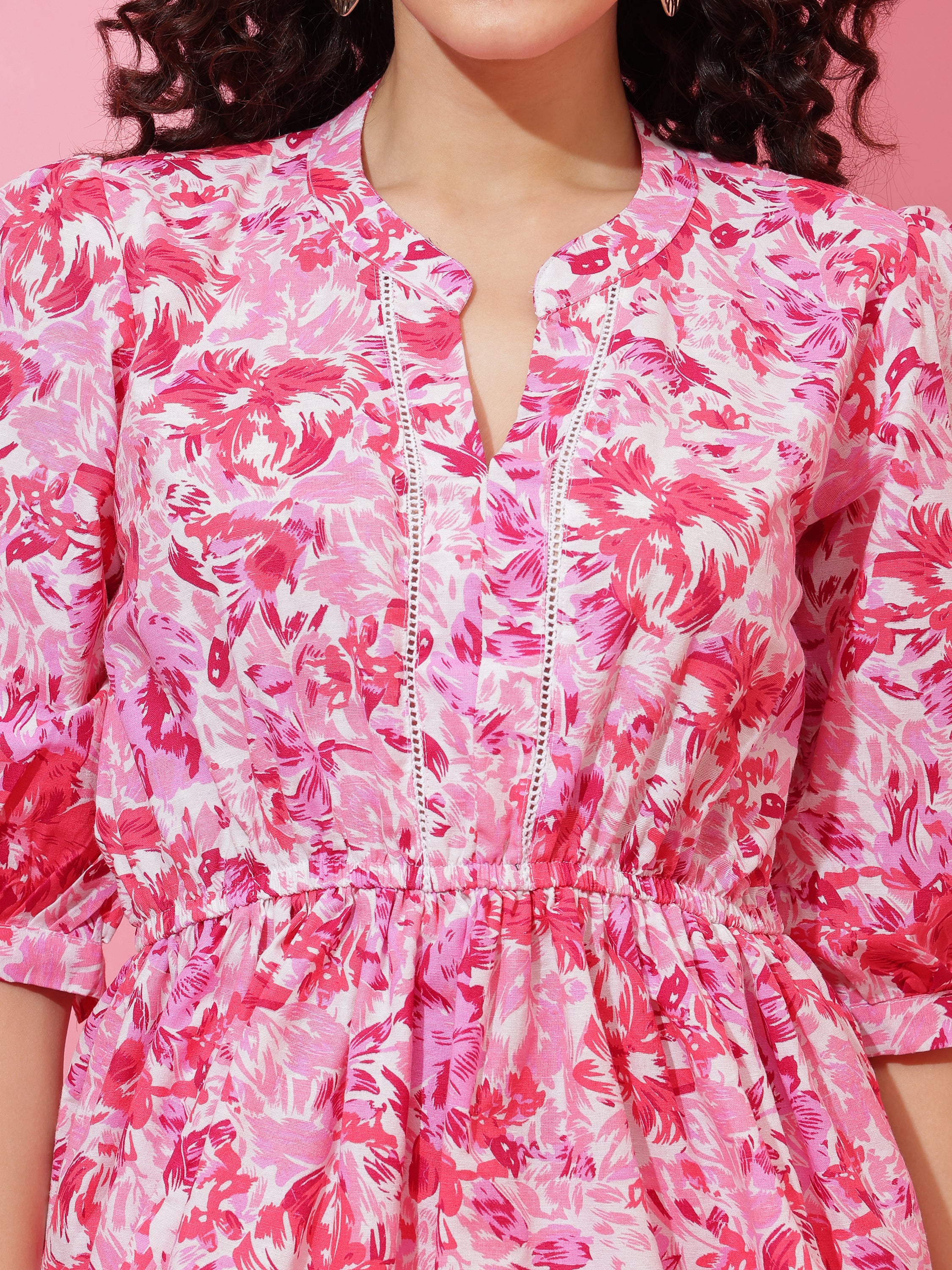 Pink Floral Printed Top with Regular Sleeves for Women
