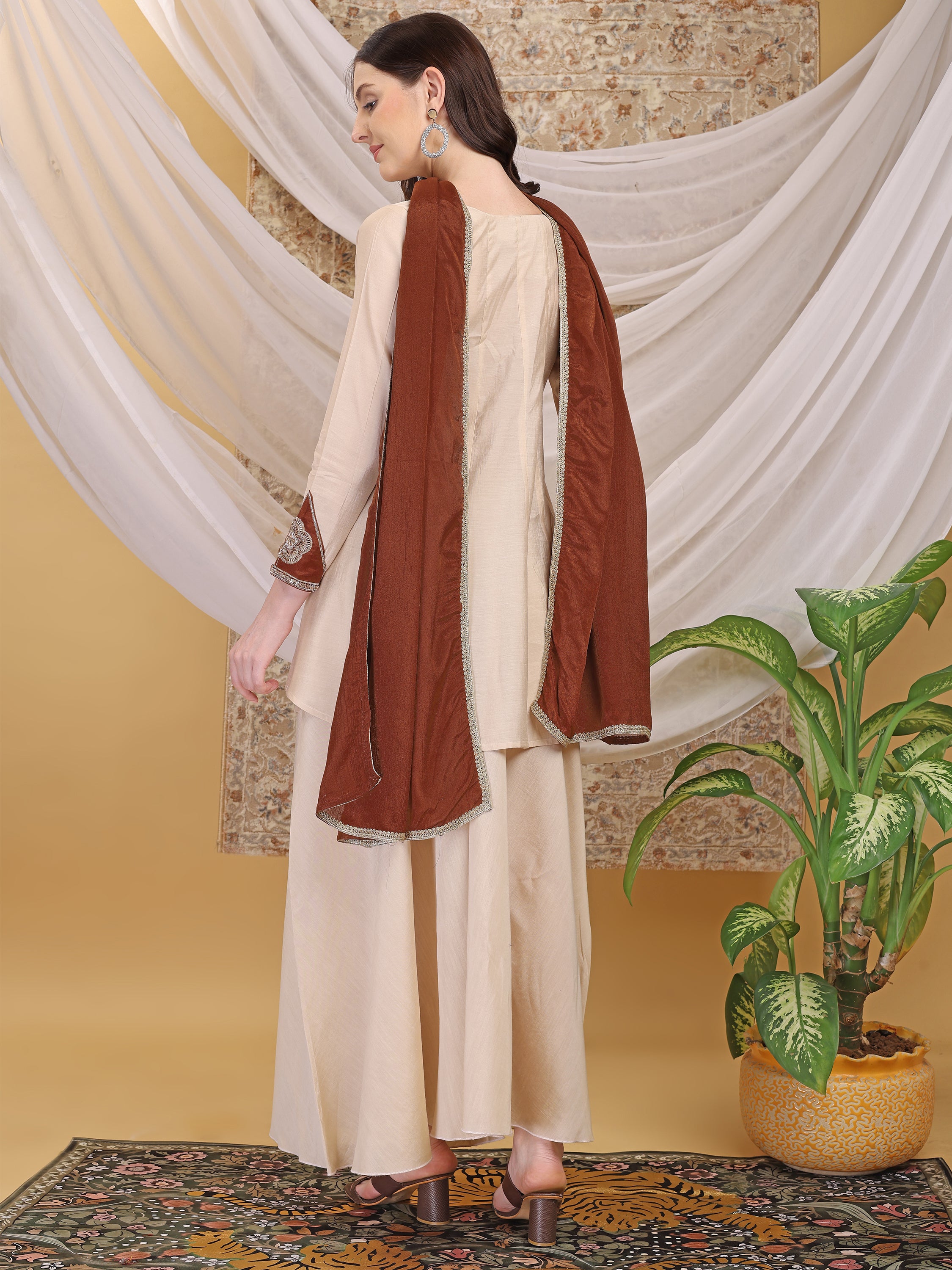 Women's Brown & Beige A-Line Top Palazzo with Contrasting Brown Dupatta Set Ethnic Suit Set for Festive, Wedding & Party Wear