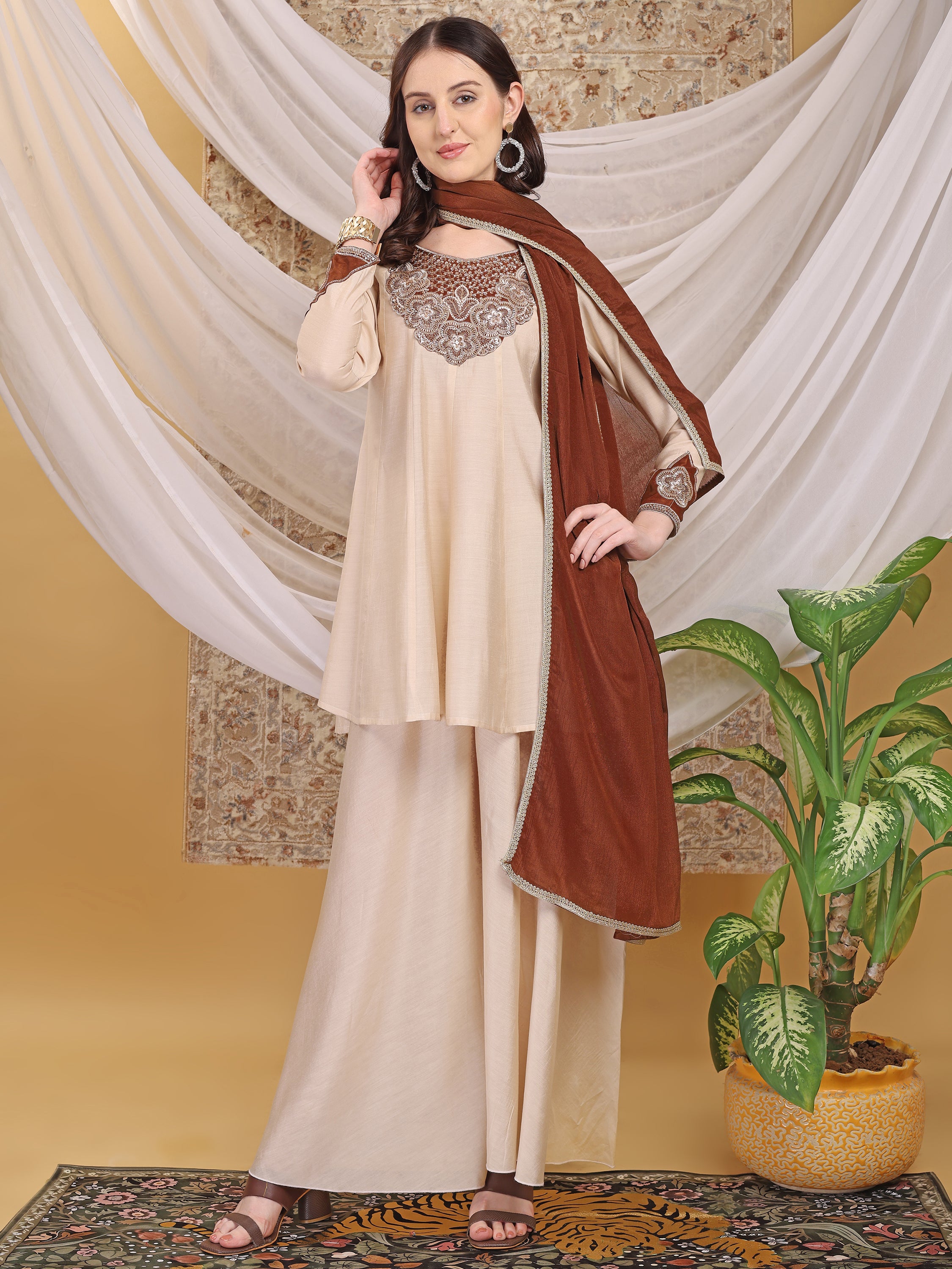 Women's Brown & Beige A-Line Top Palazzo with Contrasting Brown Dupatta Set Ethnic Suit Set for Festive, Wedding & Party Wear