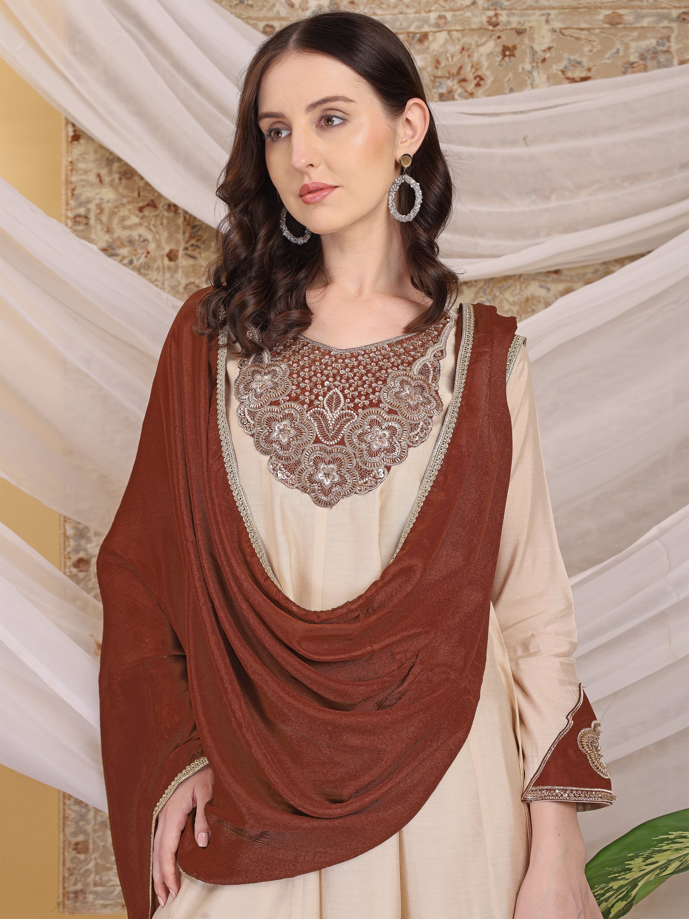 Women's Brown & Beige A-Line Top Palazzo with Contrasting Brown Dupatta Set Ethnic Suit Set for Festive, Wedding & Party Wear