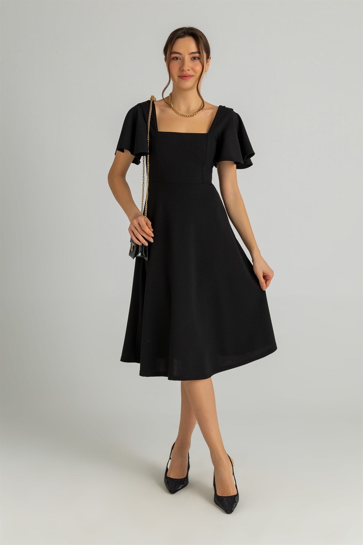 Black Dress Fit And Flare Cocktail Dress Sleeves Desiree Frill Fit