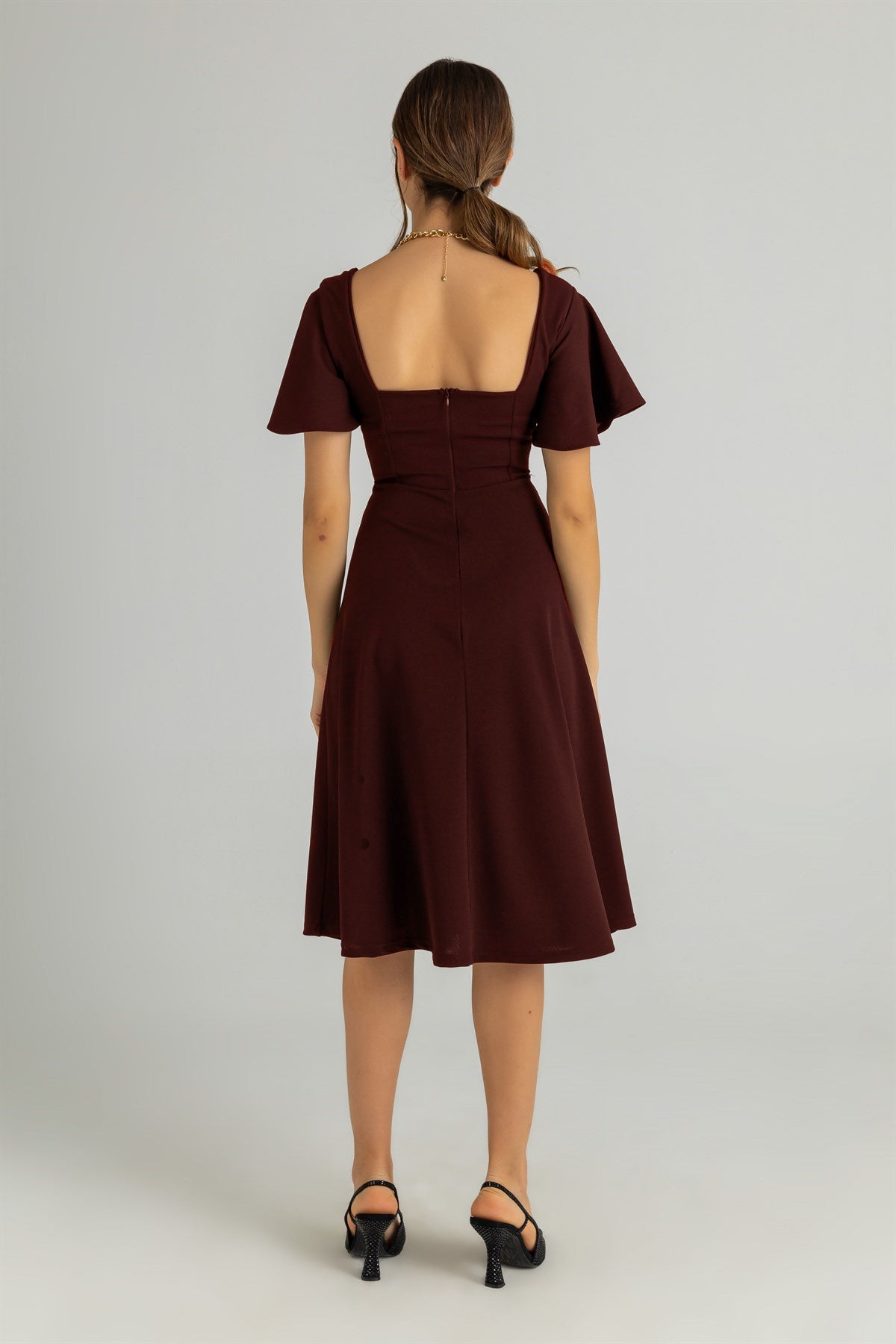 Maroon Square Neck Fit & Flare Midi Dress with Flutter Sleeves