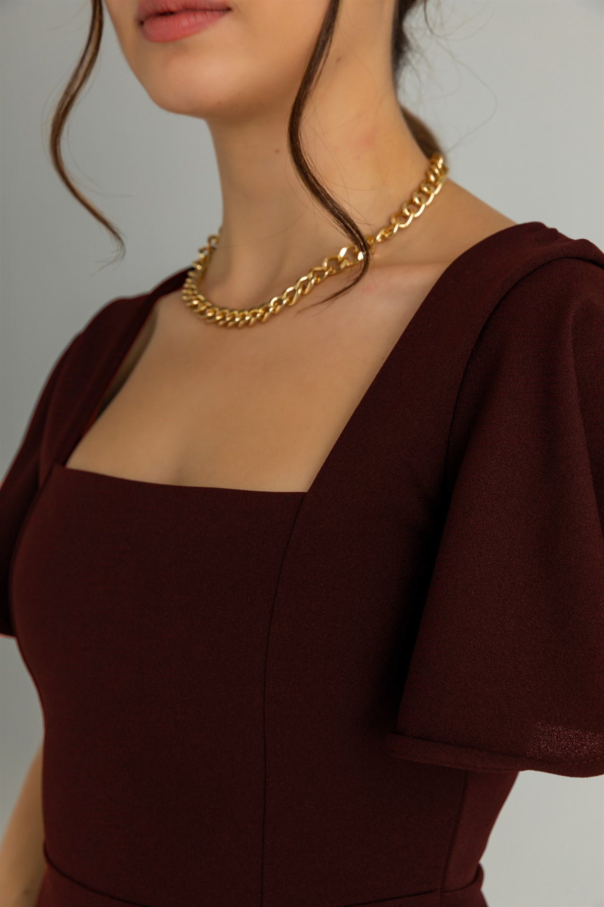 Maroon Square Neck Fit & Flare Midi Dress with Flutter Sleeves