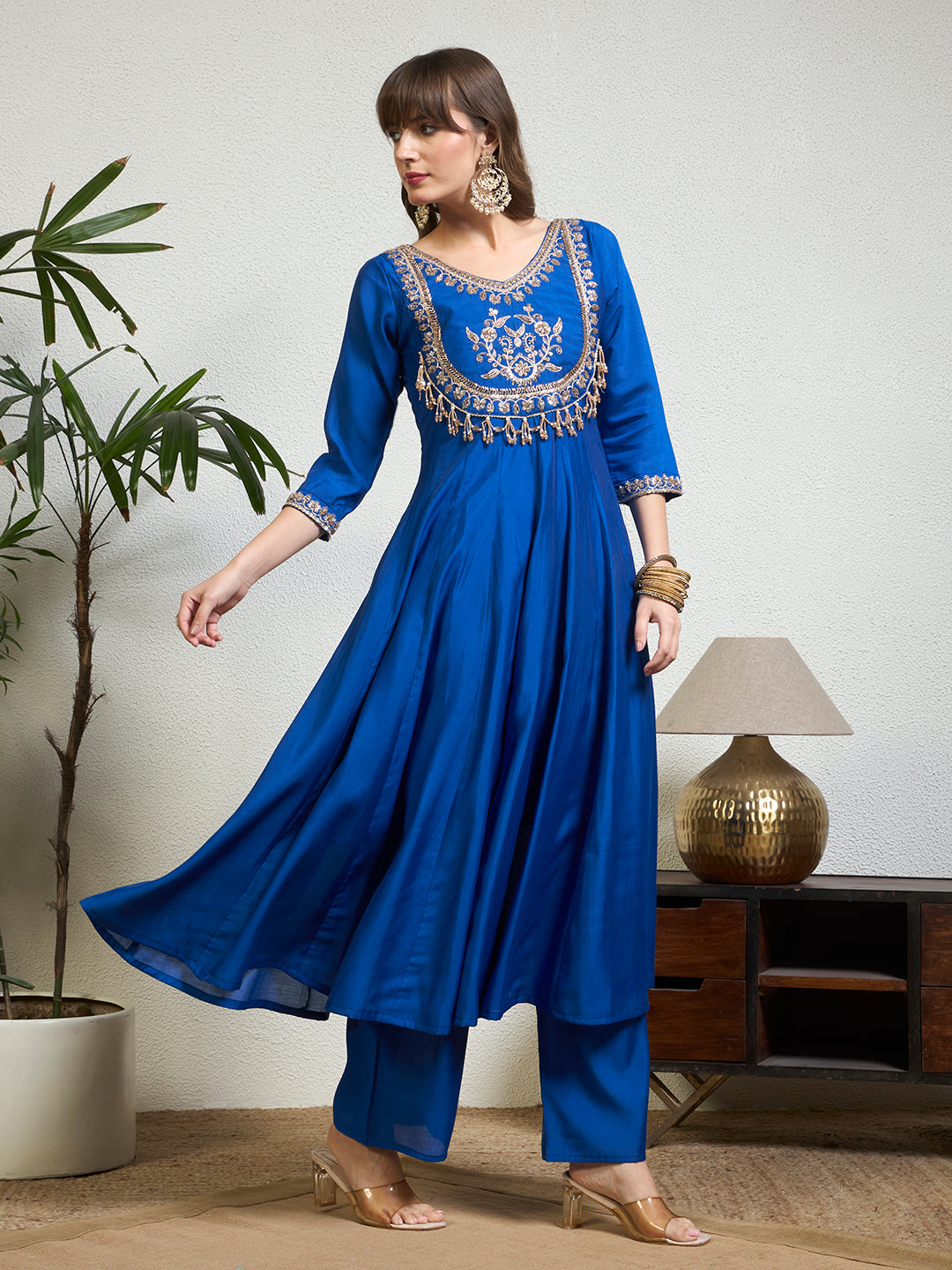 Women Royal Blue Emblished Zardosi Work With Tassel Yoke Anarkali Kurta Set with Straight Pants & Dupatta