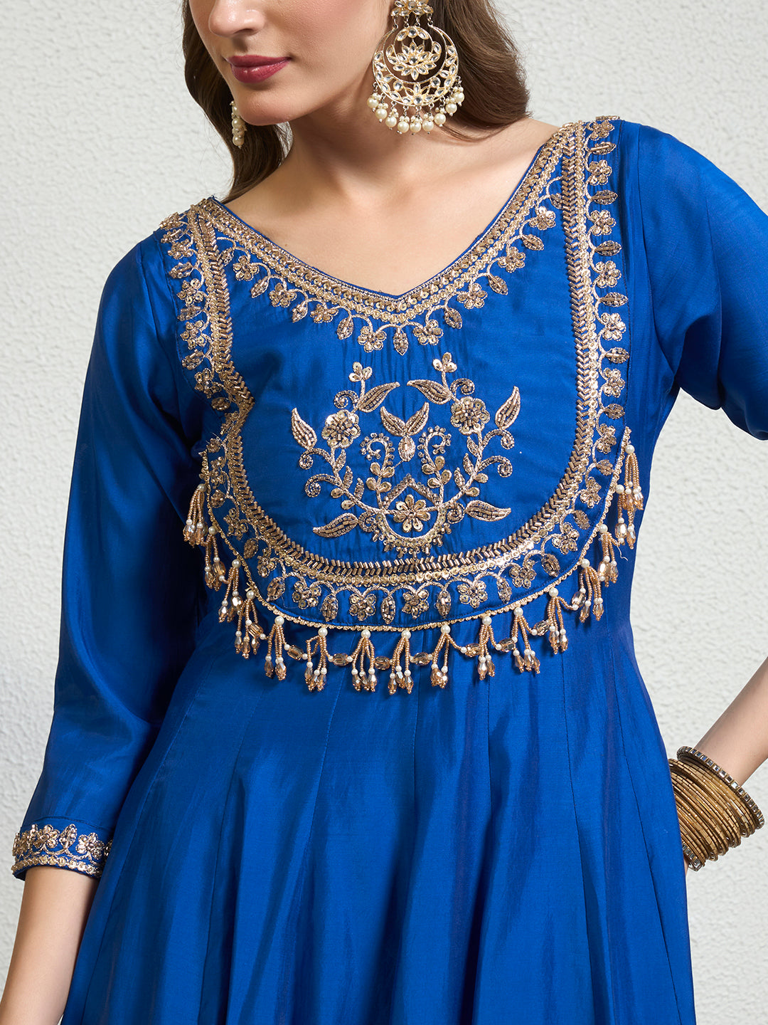 Women Royal Blue Emblished Zardosi Work With Tassel Yoke Anarkali Kurta Set with Straight Pants & Dupatta