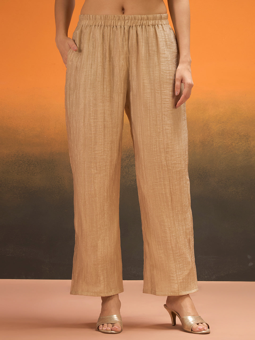 Women Beige Emblished Zardosi Patchwork Layered Co-Ord Set with Wide-Leg Pants For Elegant Festive & Party Wear