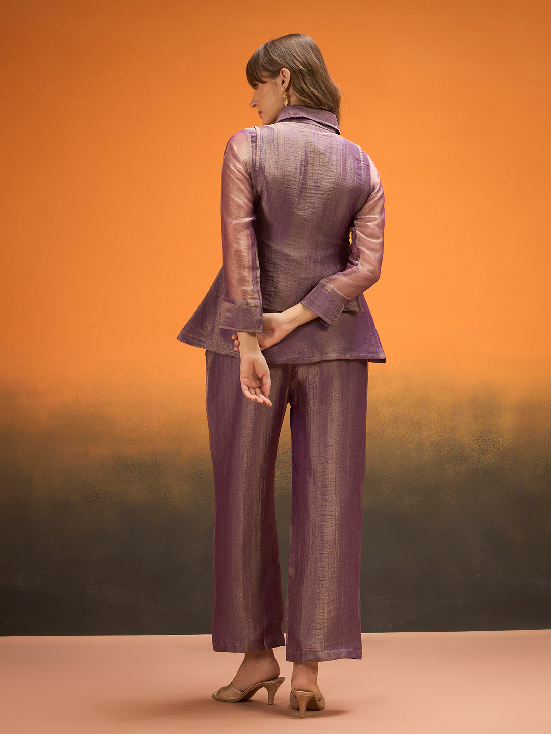Women Mauve Purple Peacoke Embroidered Layered Co-Ord Set with Wide-Leg Pants For Festive Indo-Western Wear