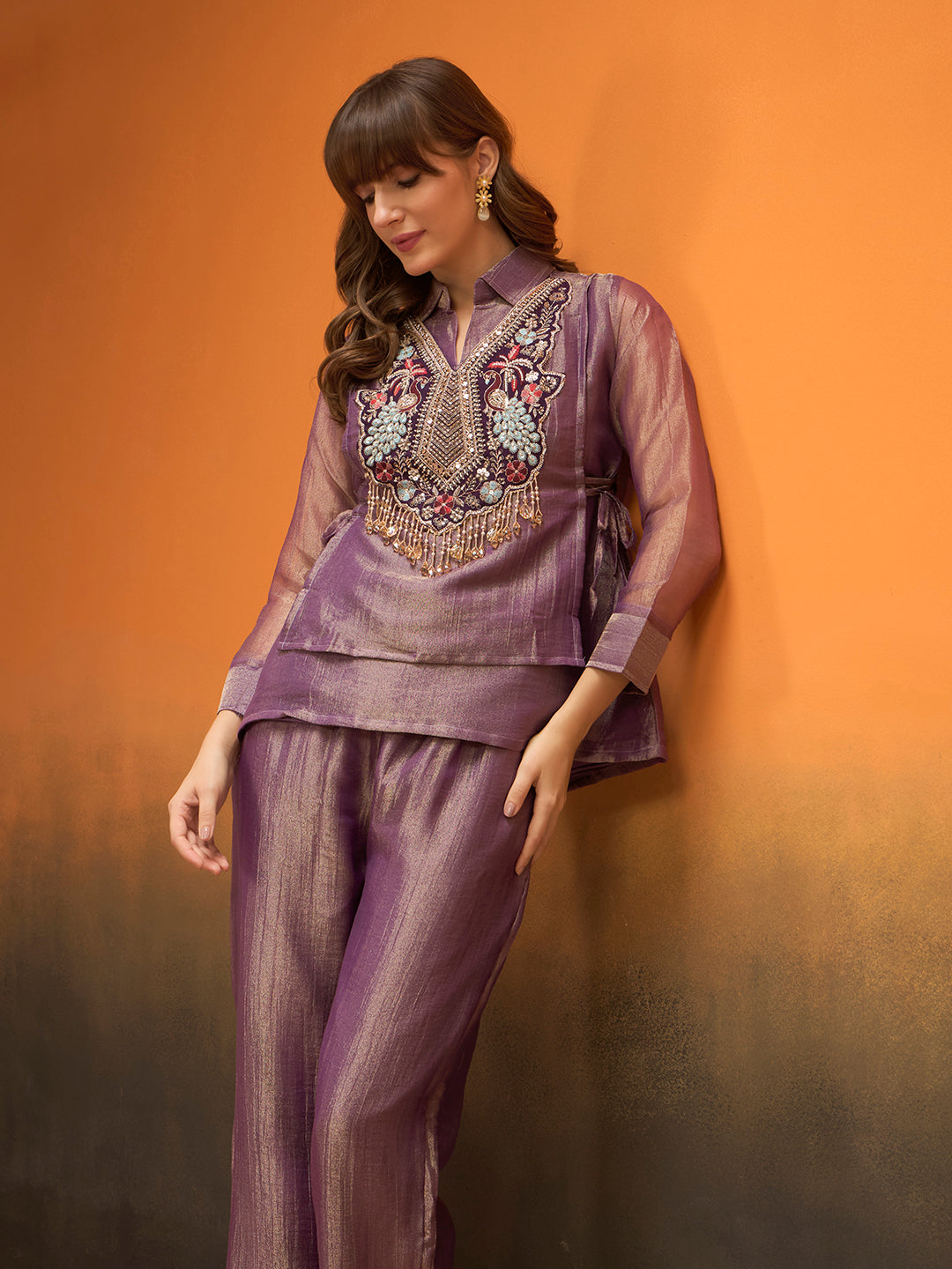 Women Mauve Purple Peacoke Embroidered Layered Co-Ord Set with Wide-Leg Pants For Festive Indo-Western Wear