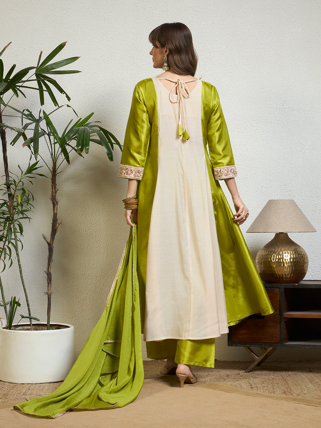 Women Lime Green & Cream Embellished Anarkali Kurta Set with Tassel Detailing & Pant And Dupatta